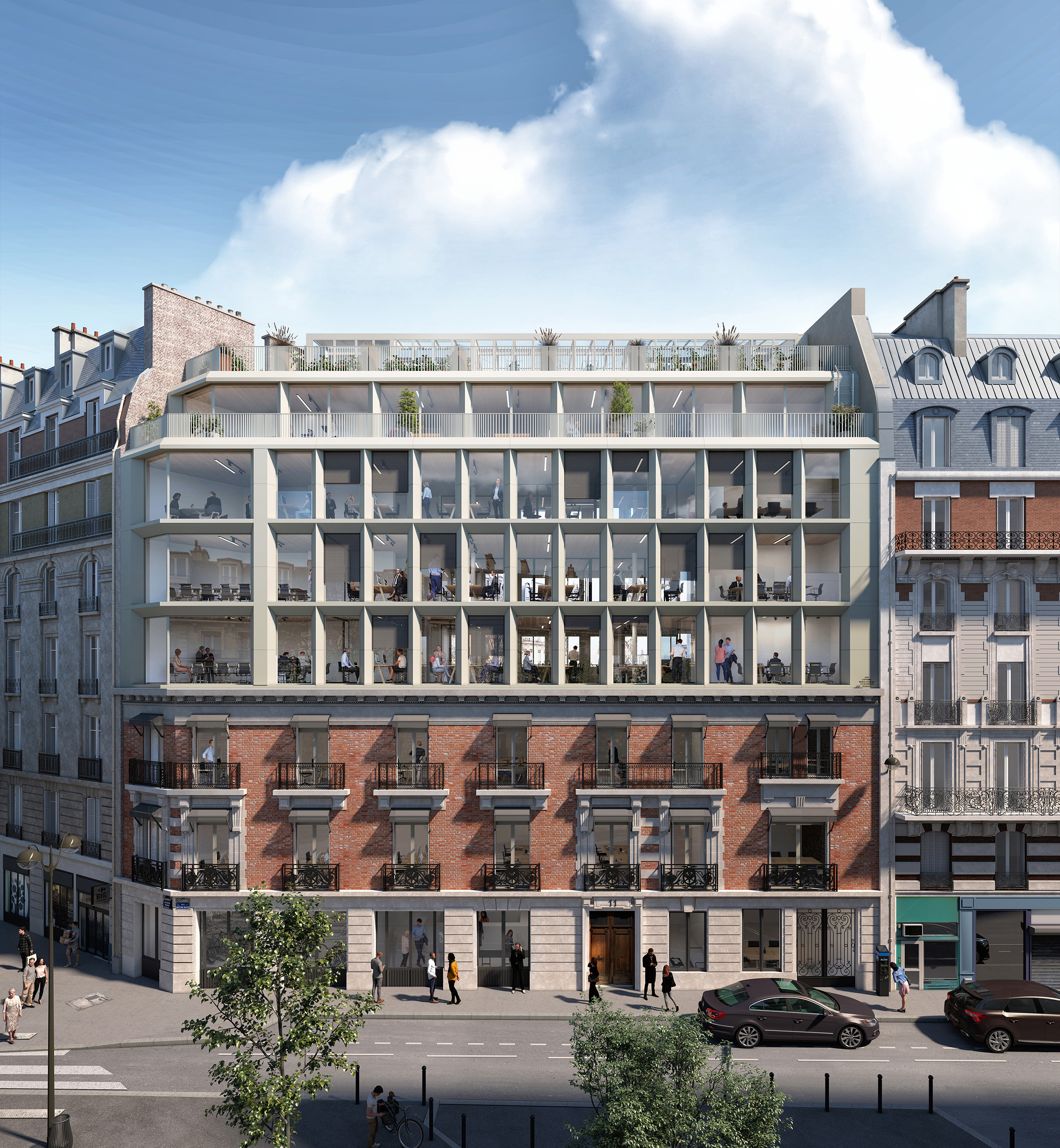 Projet 11 HM – surélévation contemporaine en béton et verre sur immeuble en brique parisien, terrasse filante en toiture, Paris