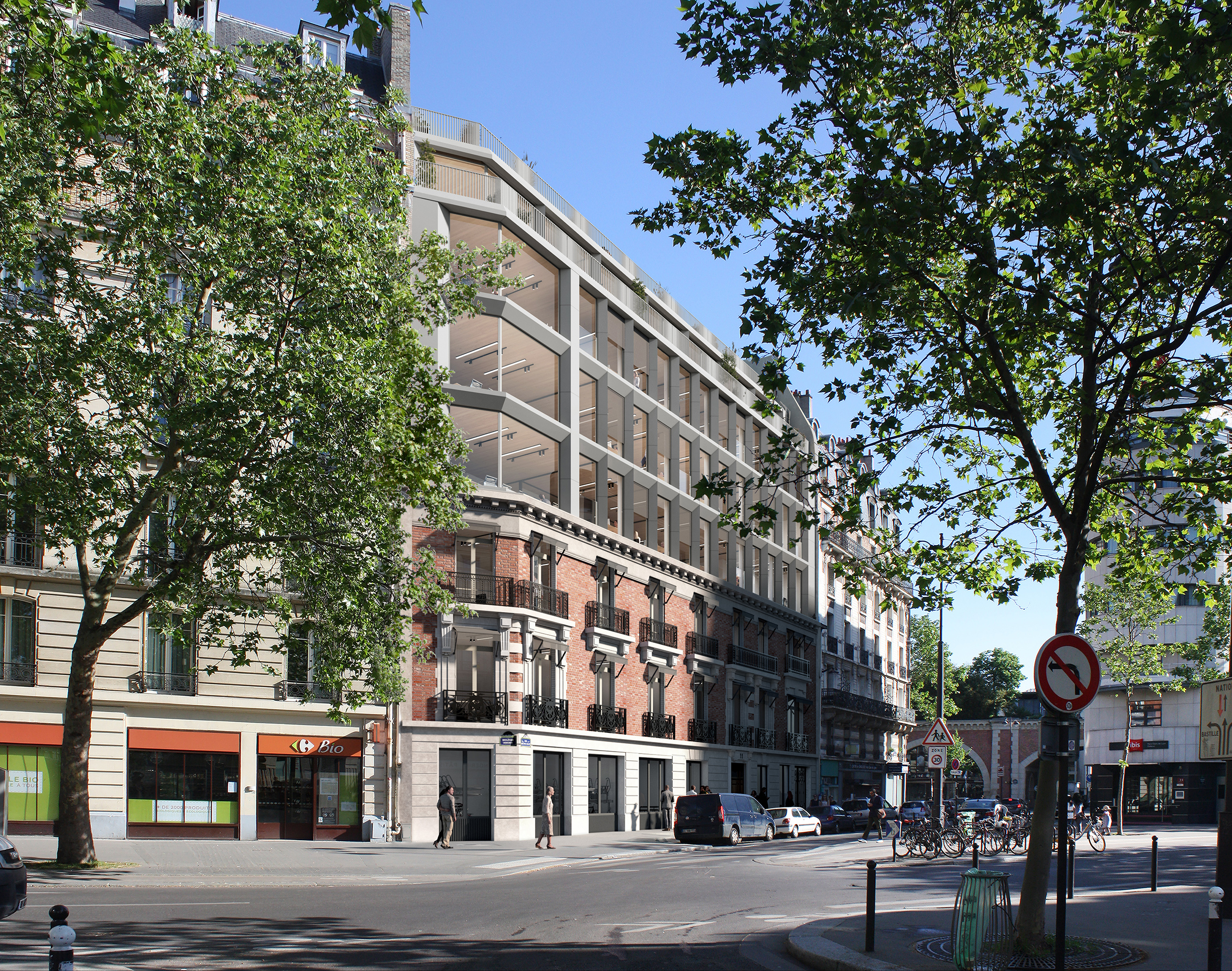 Projet 11 HM – surélévation contemporaine en béton et verre sur immeuble en brique parisien, terrasse filante en toiture, Paris