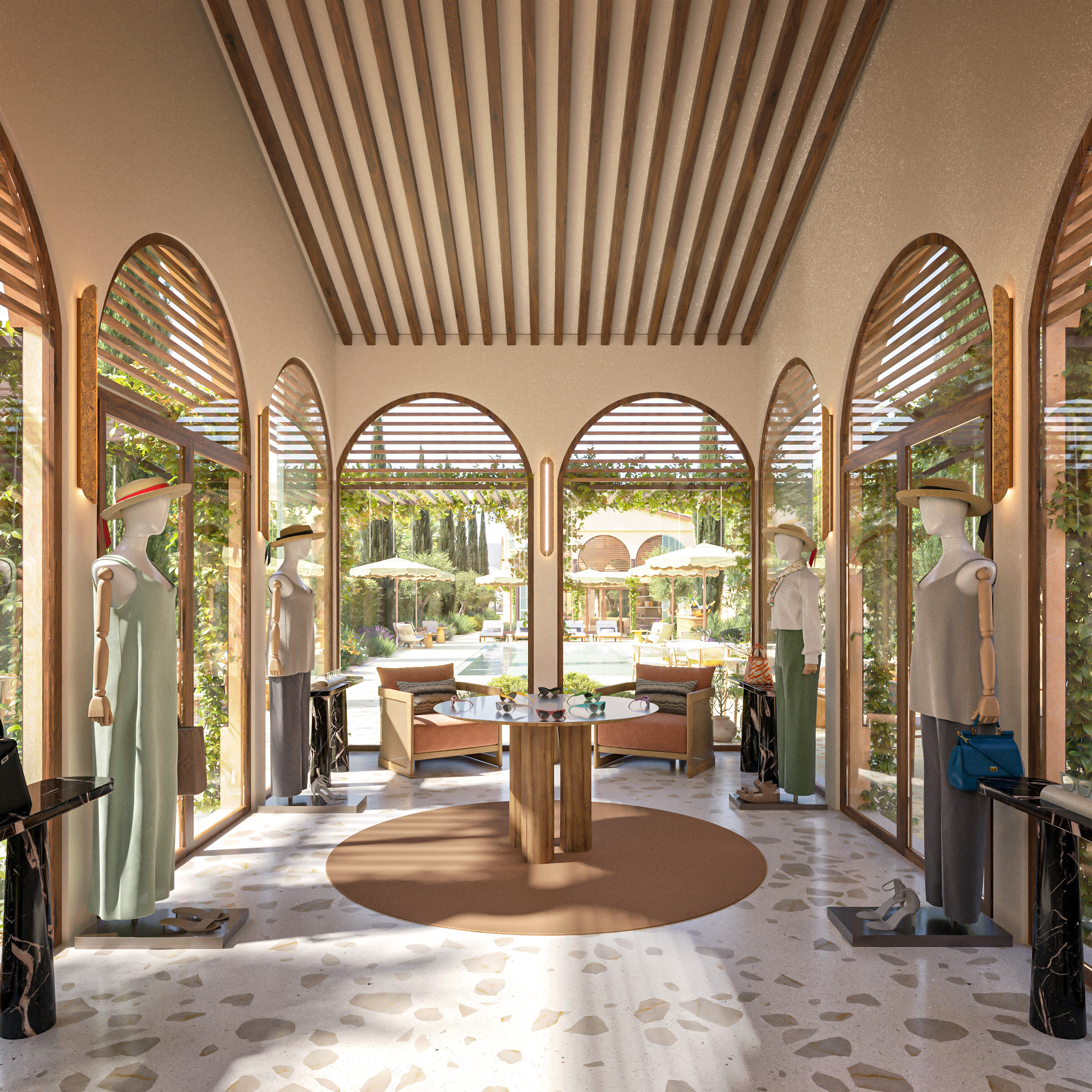 Intérieur de la boutique de luxe à Saint-Tropez – arches en bois, sol en terrazzo, mannequins mode et vue sur la piscine et le jardin