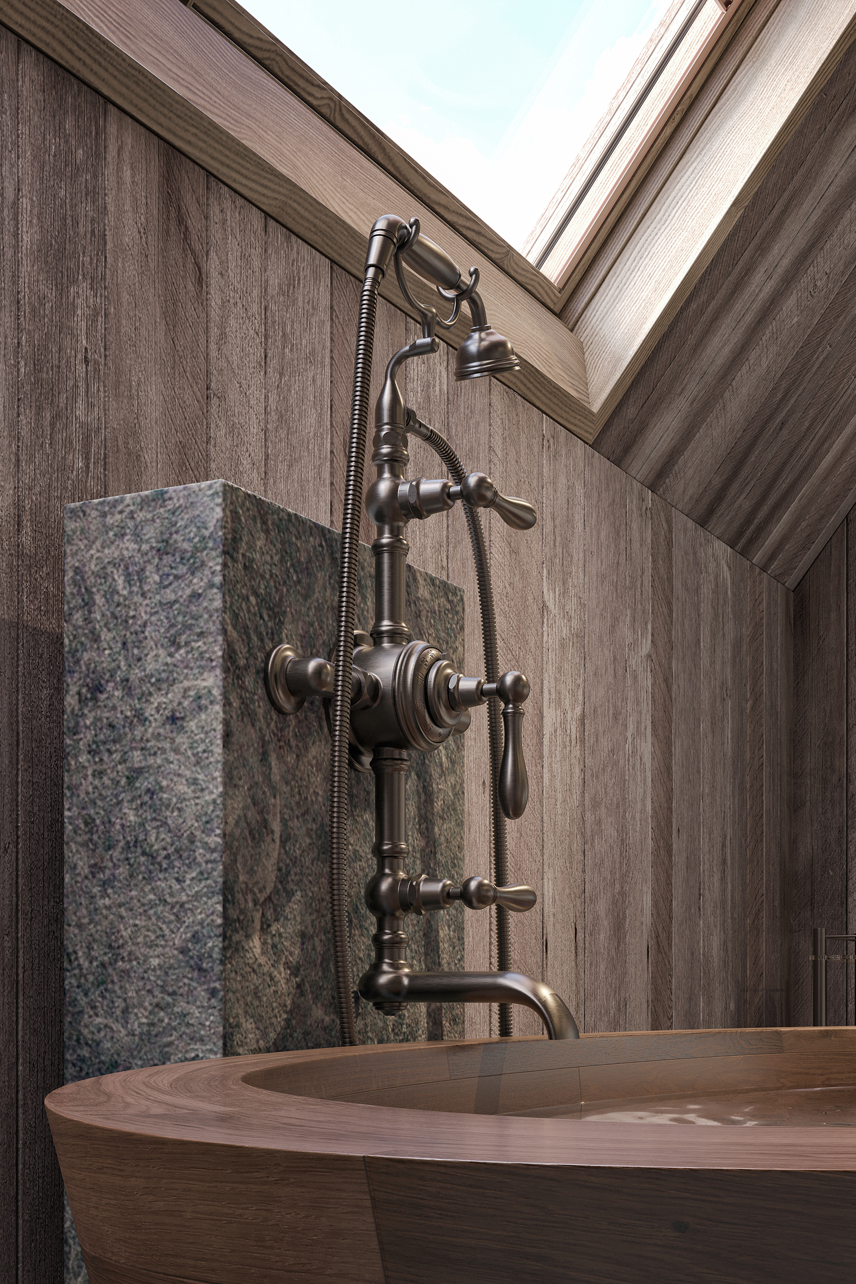 Détail robinetterie Lyre en nickel brossé sur baignoire Carpe en bois massif, fond pierre ardoisée et bardage bois grisé.