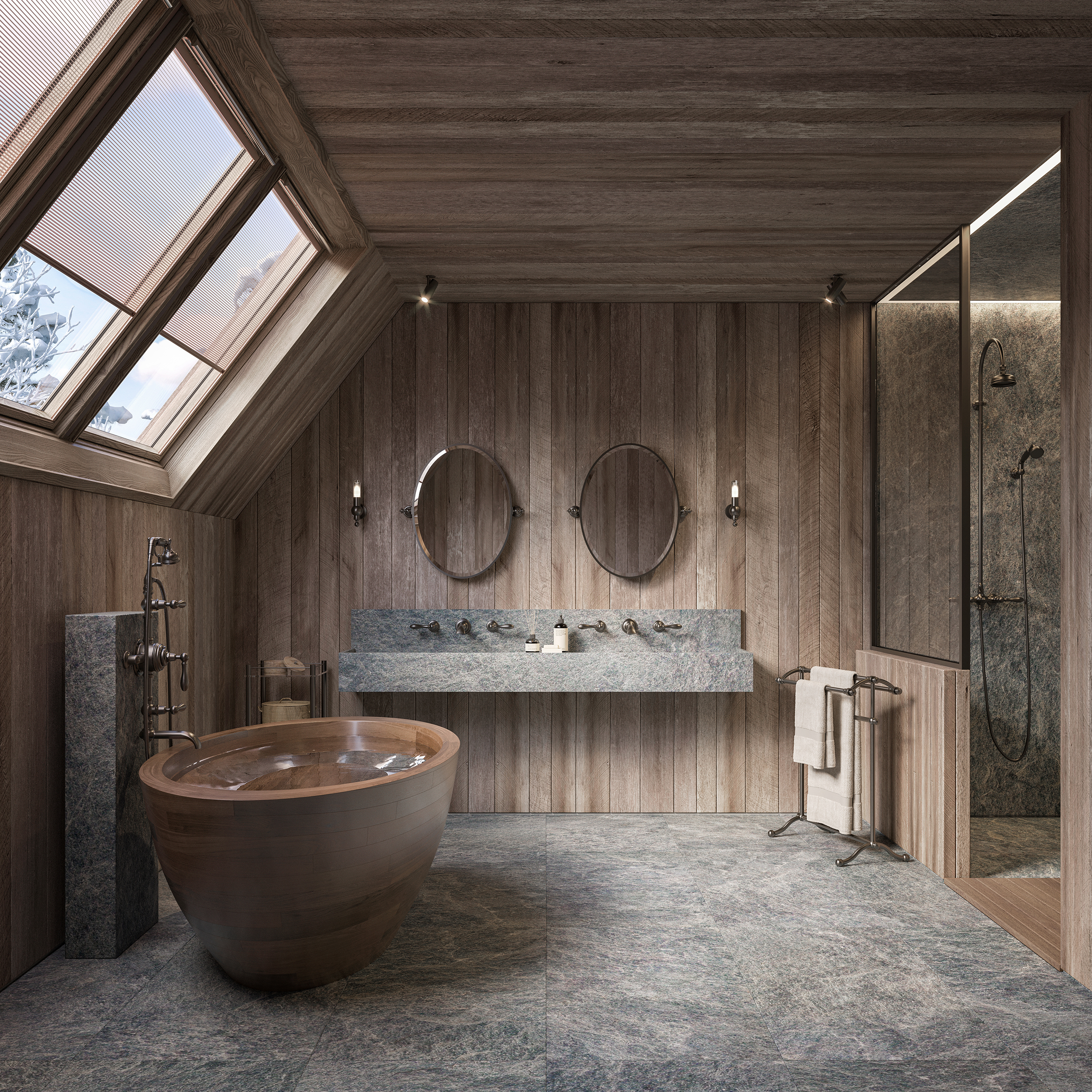 Salle de bain chalet en bois et pierre – baignoire îlot en bois Carpe, robinetterie Lyre en laiton vieilli, double vasque en pierre et verrière en toiture.