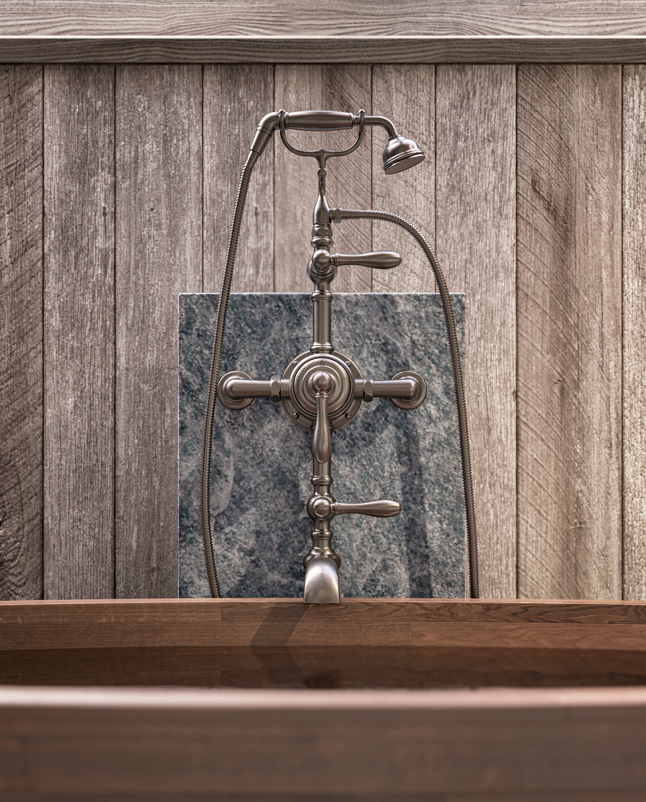 Détail robinetterie Lyre en nickel brossé sur baignoire Carpe en bois massif, fond pierre ardoisée et bardage bois grisé