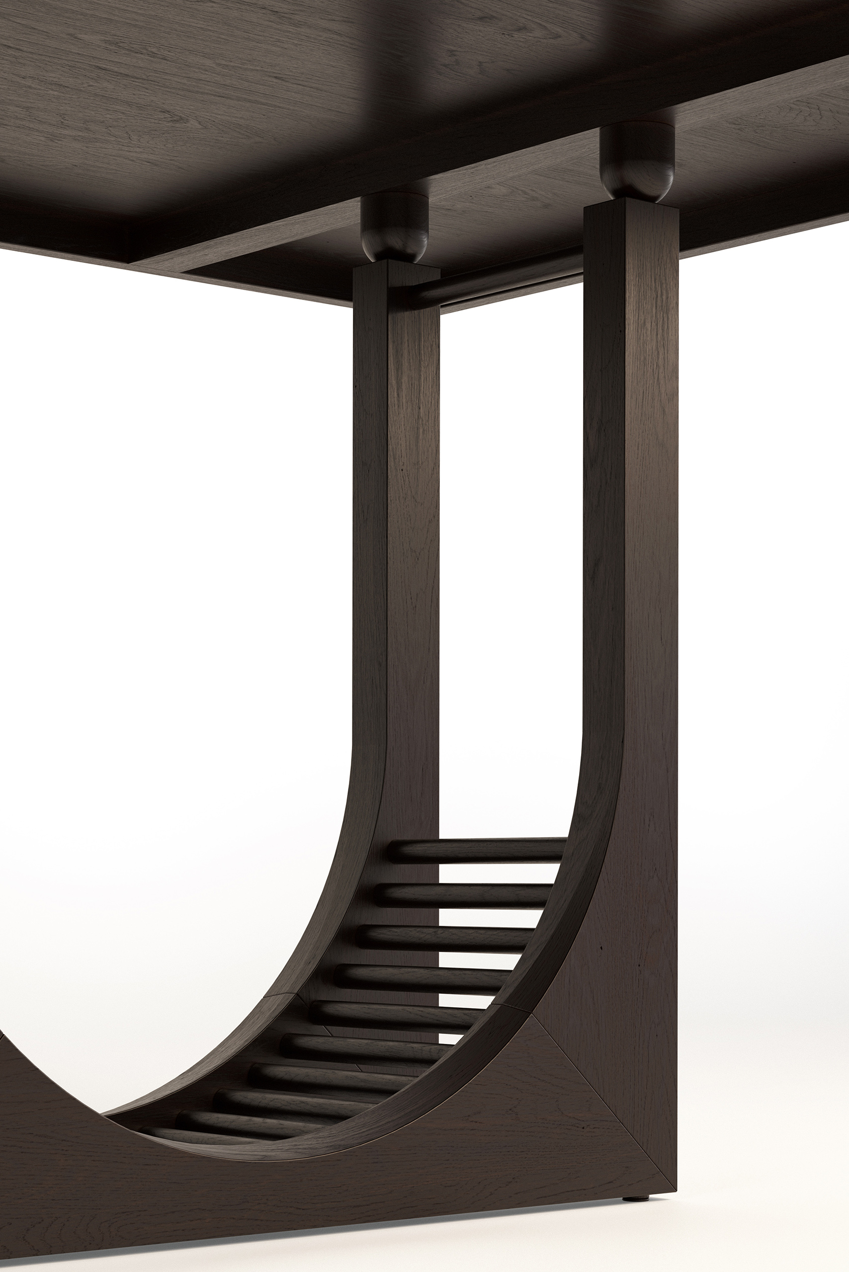 Écrin – table en chêne teinté sombre, piètement sculptural à trois arcades avec barreaux incurvés