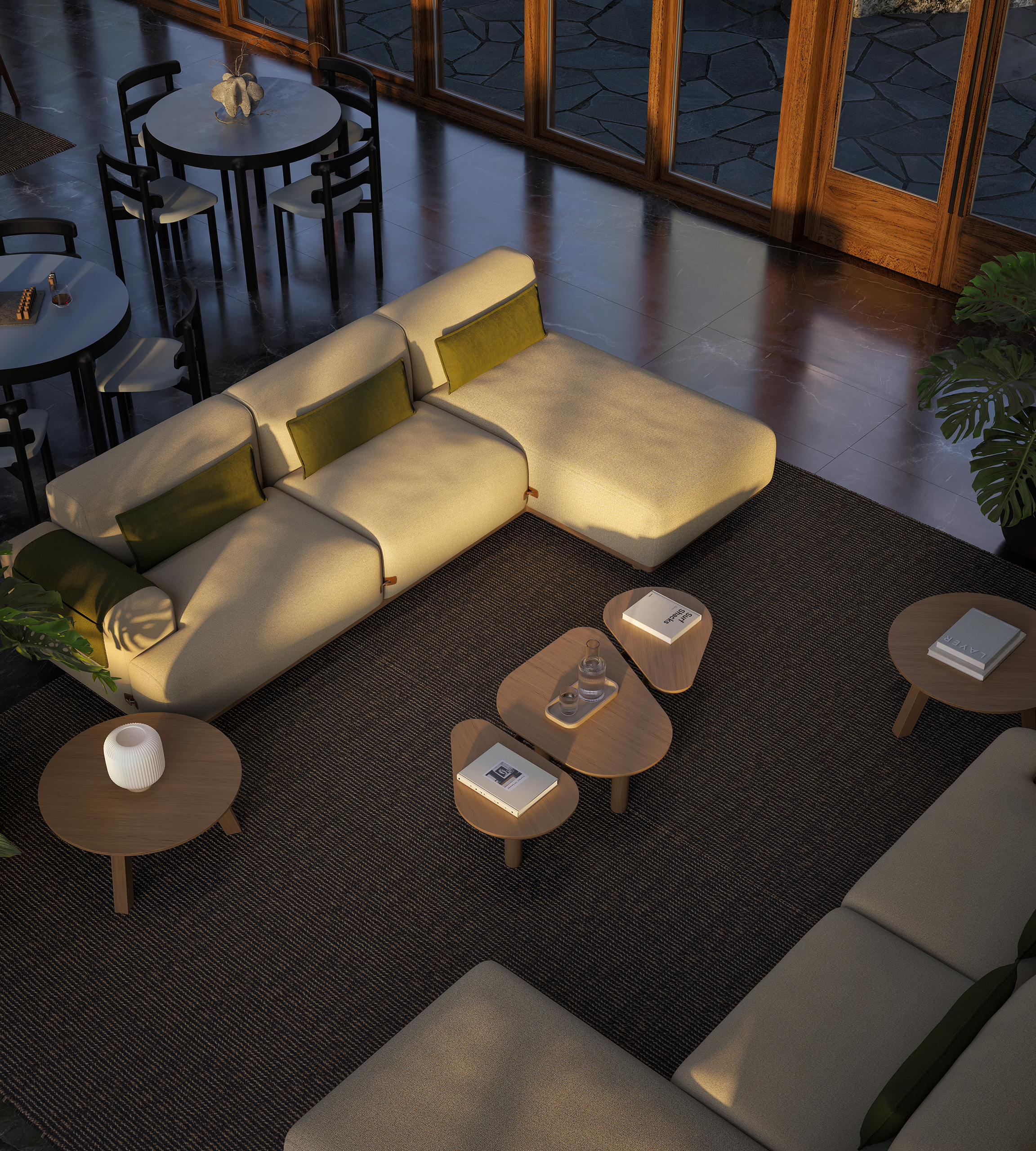 Bosc – salon vitré double hauteur en bois, grande baie sur forêt et montagne, canapé crème coussins verts, tables basses Escamp en chêne