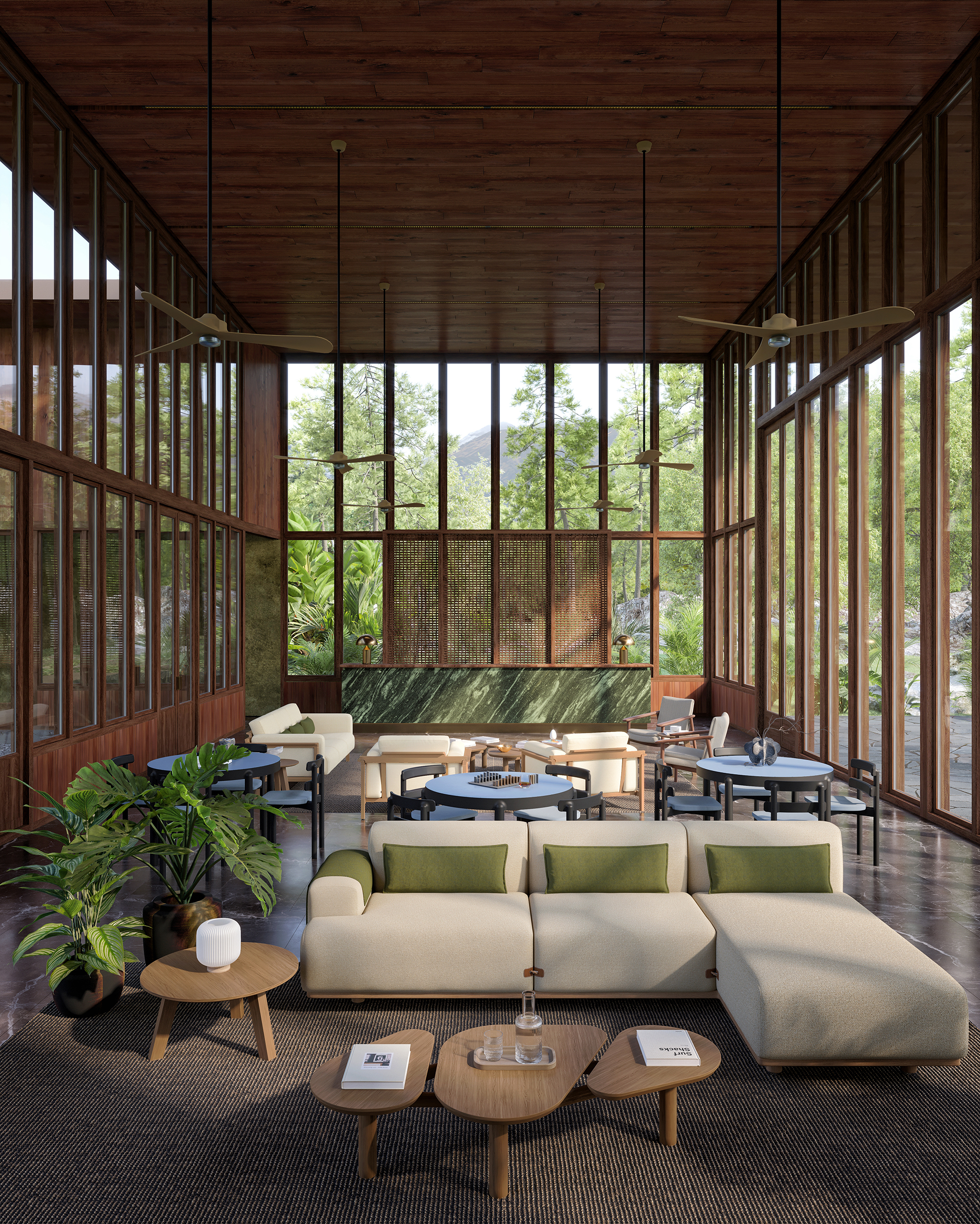 Bosc – salon vitré double hauteur en bois, grande baie sur forêt et montagne, canapé crème coussins verts, tables basses Escamp en chêne