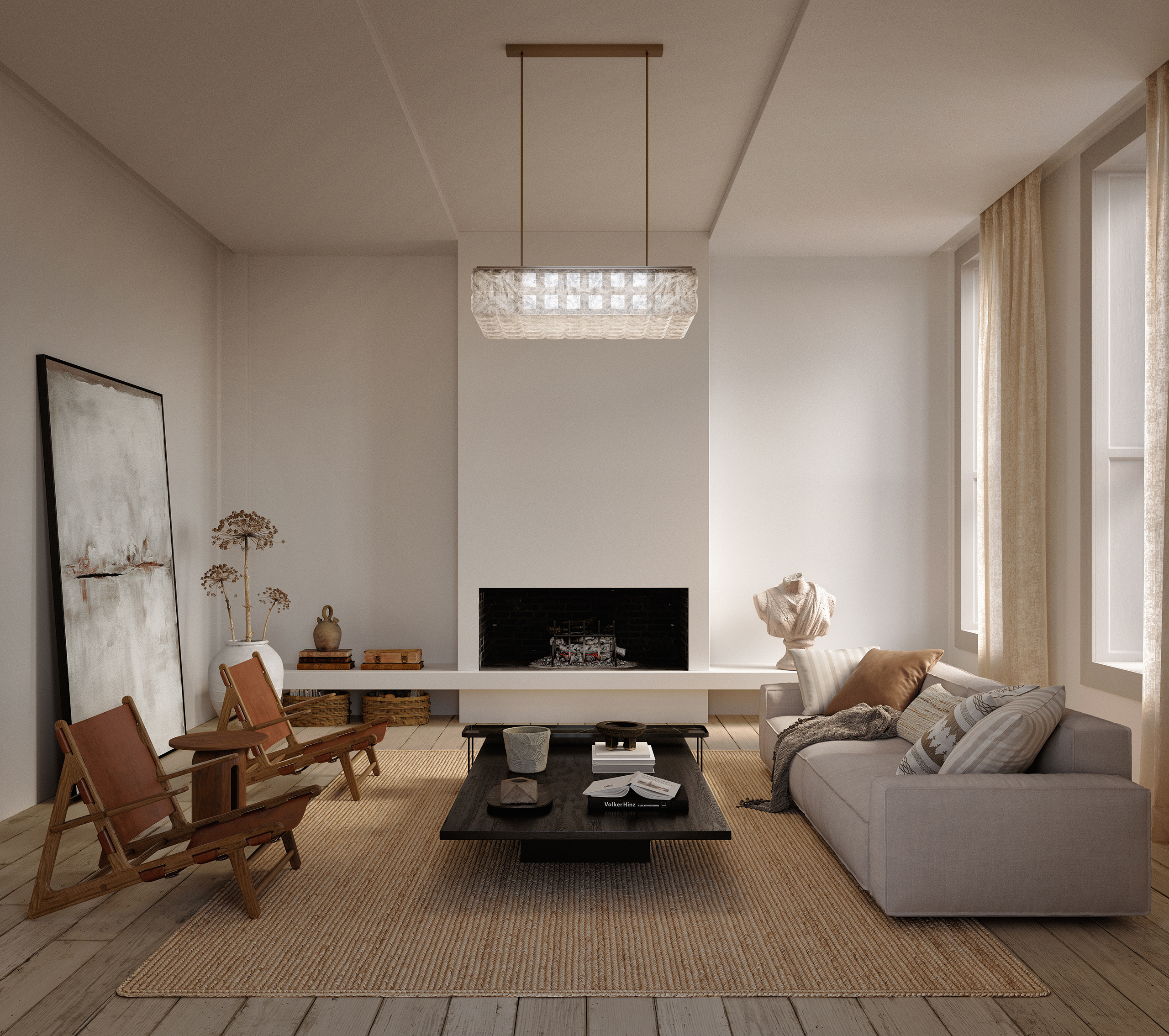 Salon minimaliste aux matières naturelles avec lustre rectangulaire en albâtre, fauteuil en cognac, vase céramique blanc et tableau abstrait.