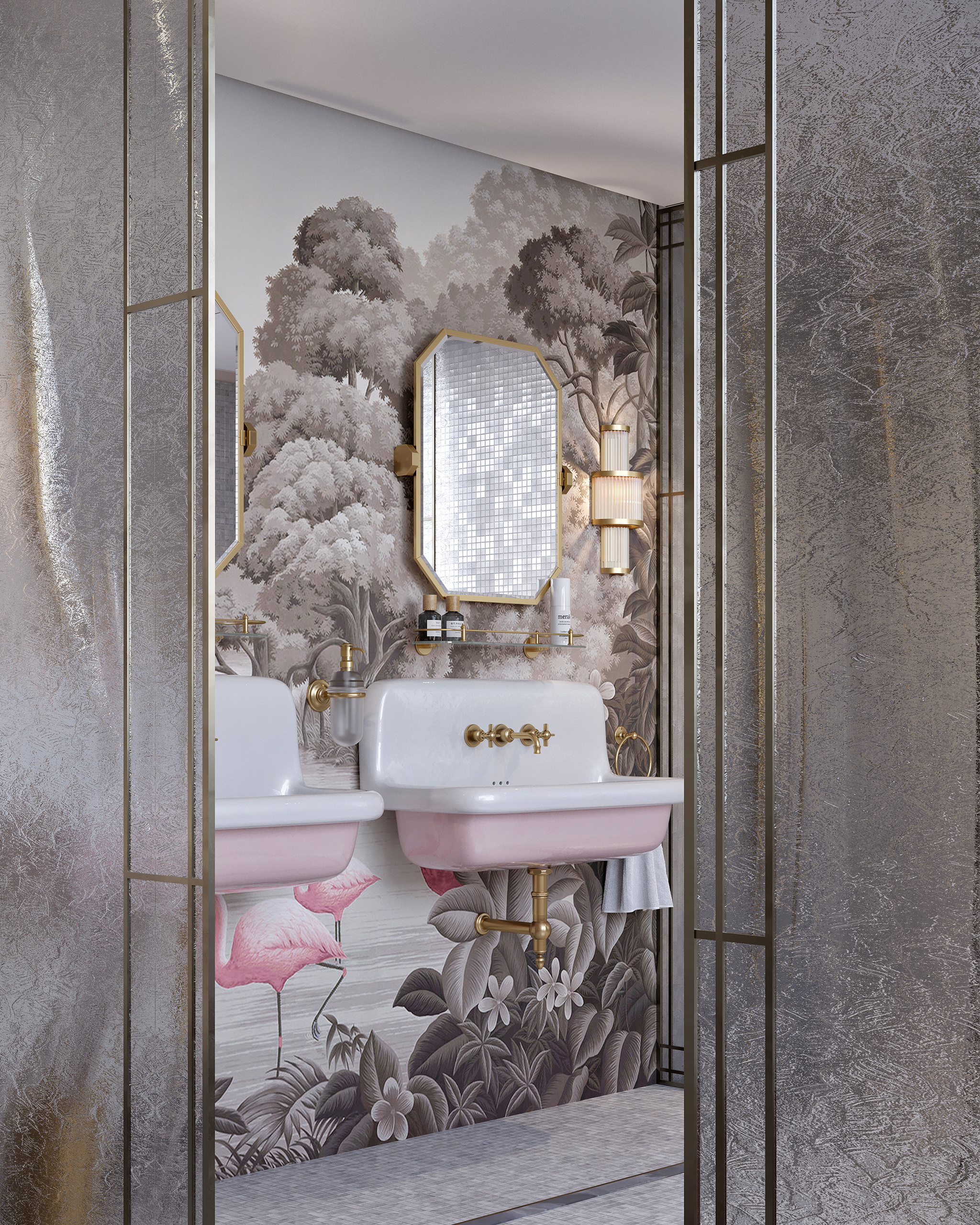 Salle de bain glamour avec robinetterie Heritage Volevatch en laiton doré, baignoire îlot rose, double vasque sur console rose et papier peint panoramique flamants