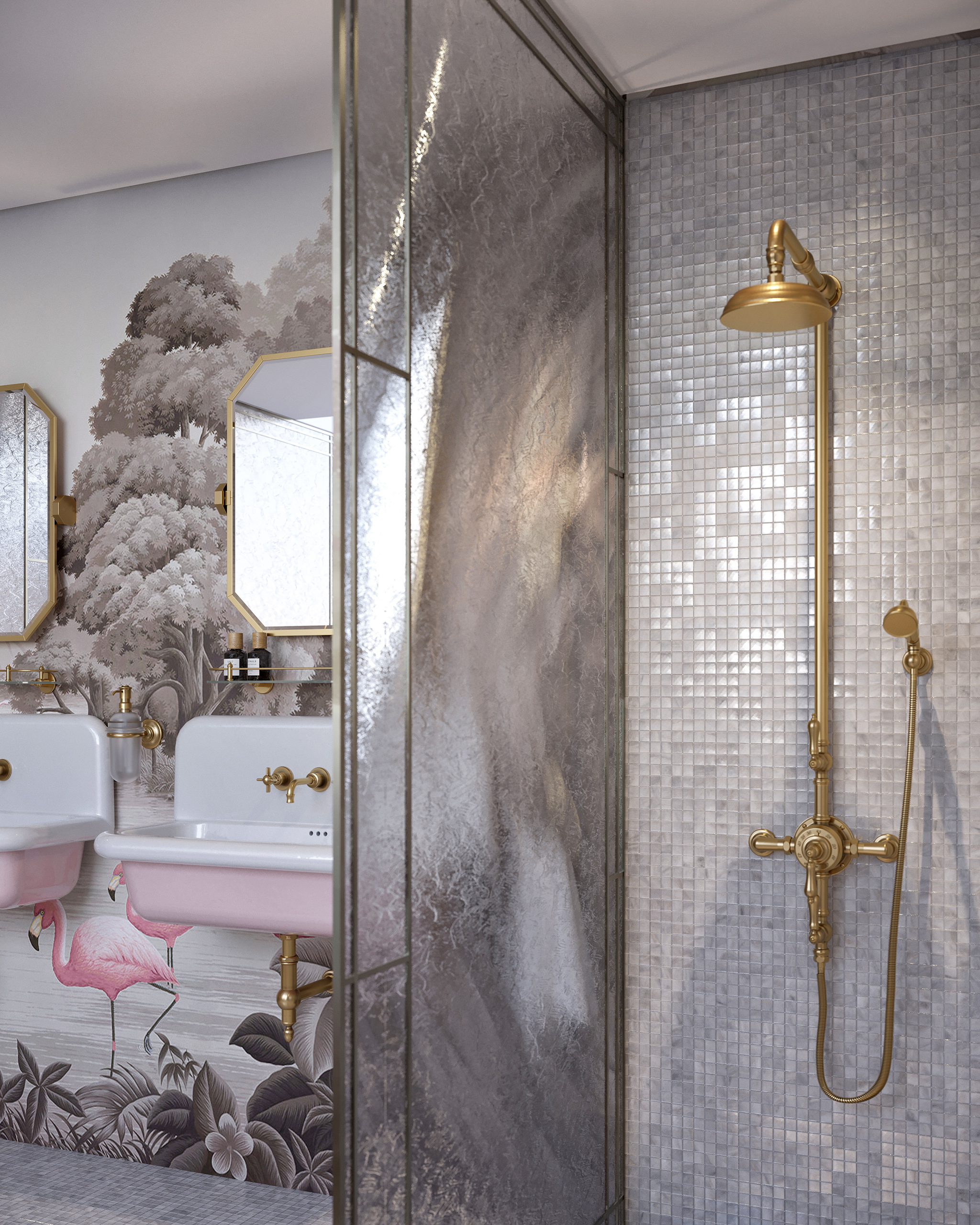 Détail colonne de douche Heritage Volevatch en laiton doré sur mosaïque nacrée argentée, avec vue sur vasque rose et papier peint flamants
