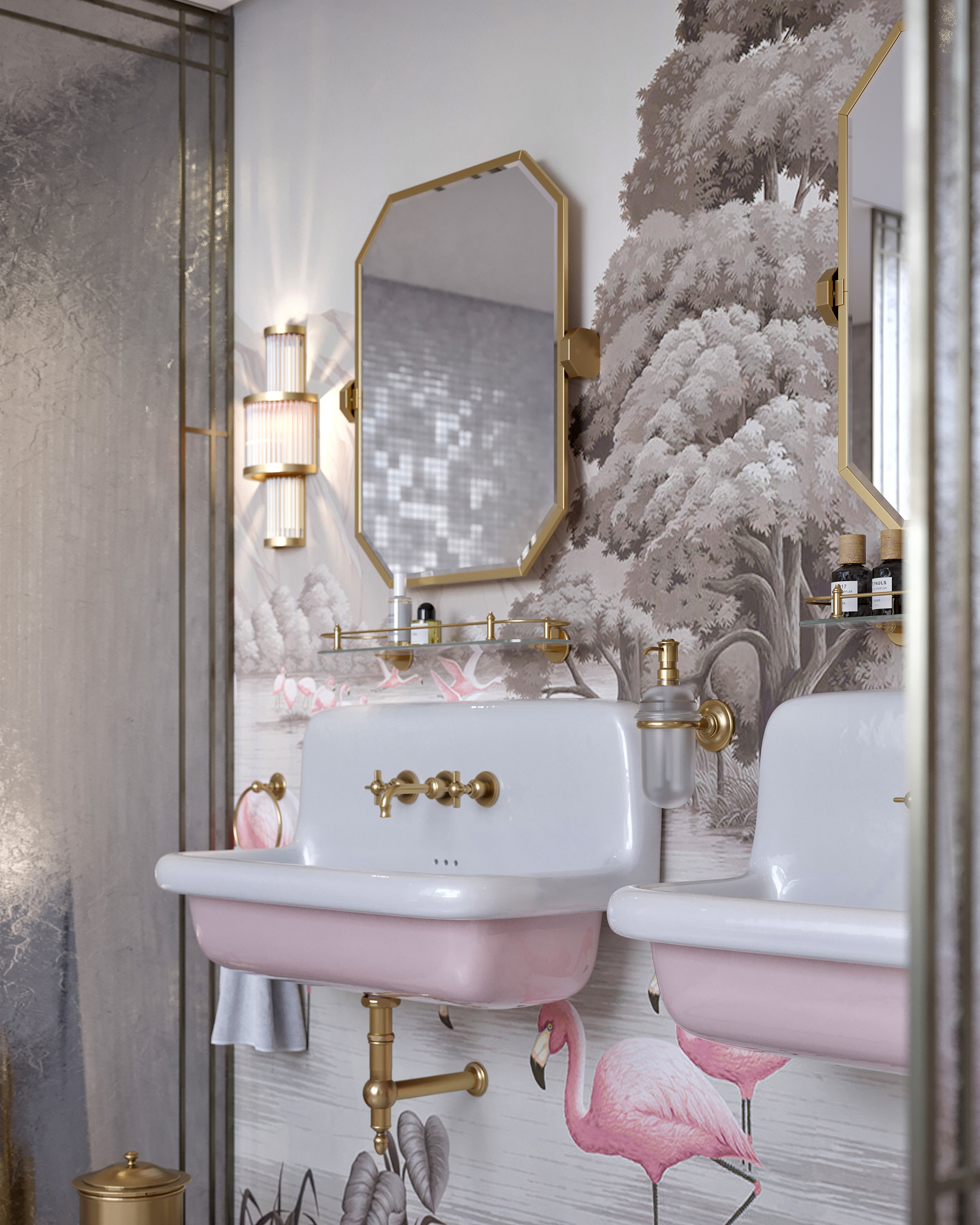 Détail vasque Heritage Volevatch en laiton doré sur console rose, miroir octogonal doré, applique Art déco et papier peint flamants