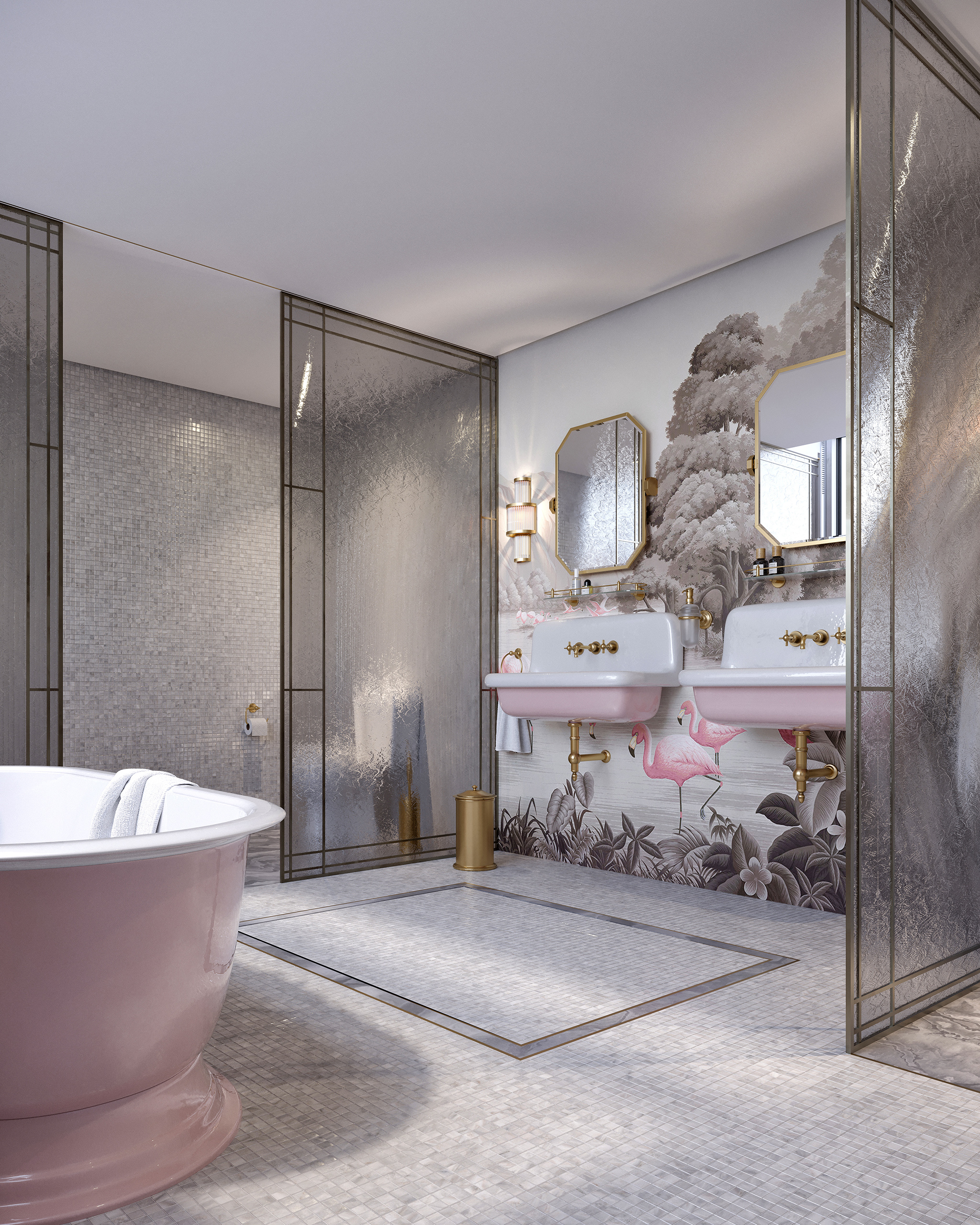 Salle de bain glamour avec robinetterie Heritage Volevatch en laiton doré, baignoire îlot rose, double vasque sur console rose et papier peint panoramique flamants