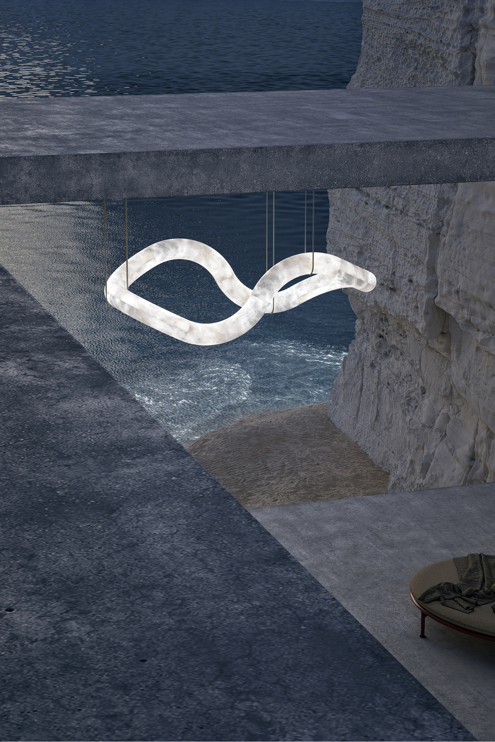 Suspension Infinity Vague en albâtre suspendue entre falaises blanches calcaires au bord de l'eau en plein jour