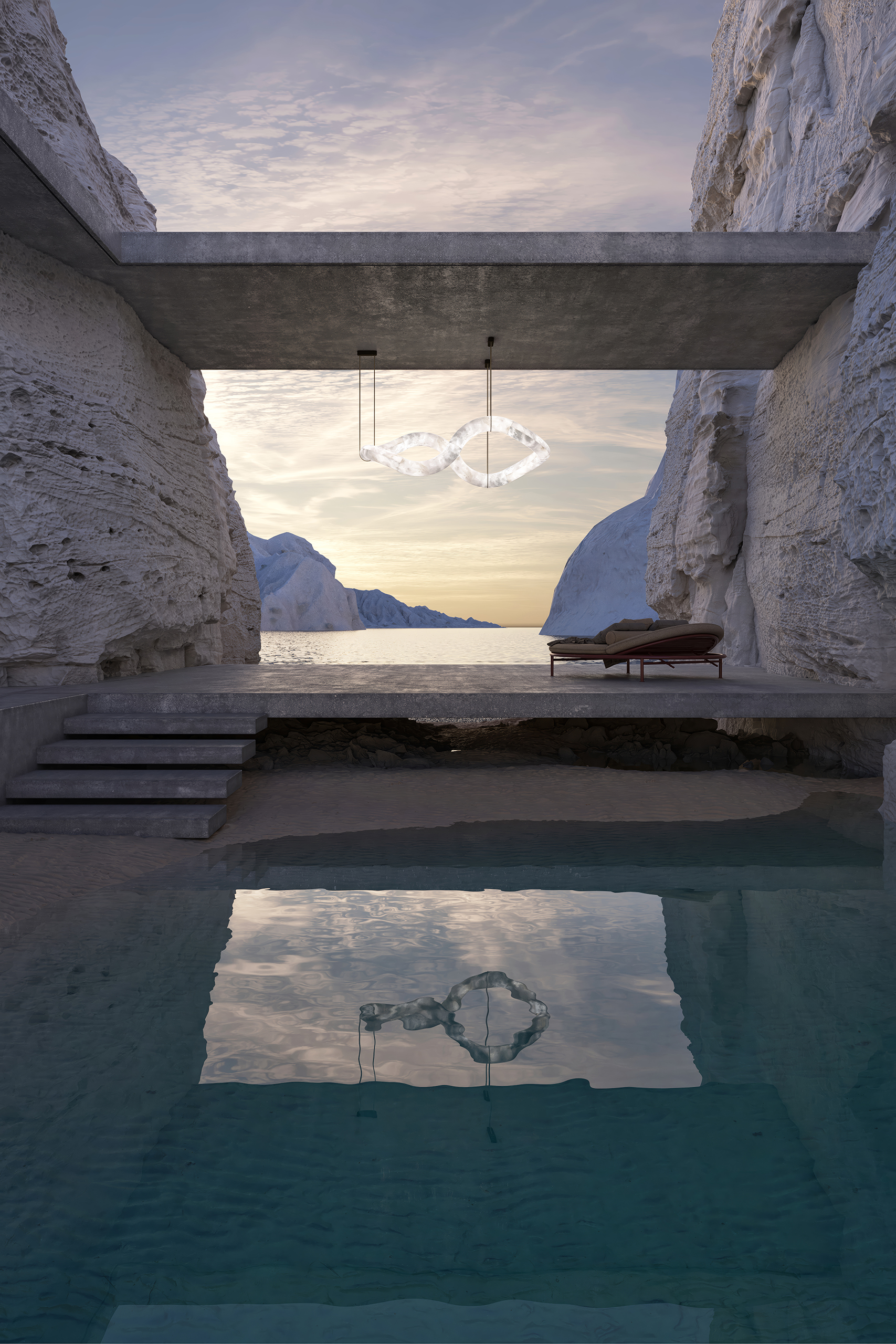 Suspension Infinity Vague en albâtre naturel, mise en scène entre falaises blanches face à la mer au crépuscule, reflet dans un bassin
