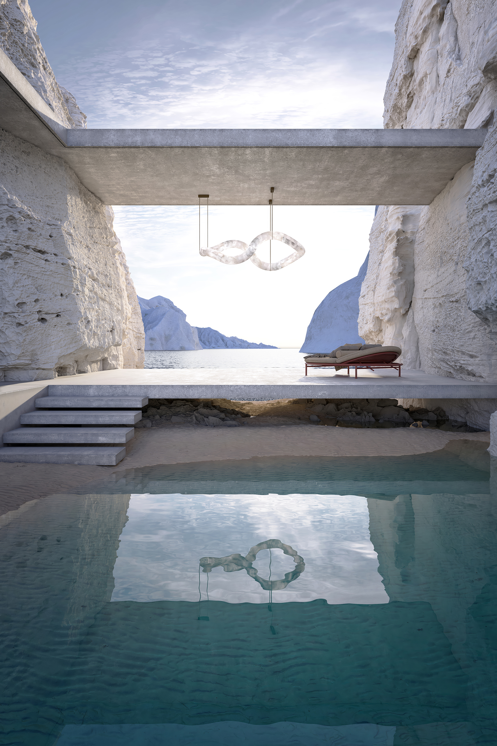 Suspension Infinity Vague en albâtre naturel, mise en scène entre falaises blanches face à la mer au crépuscule, reflet dans un bassin