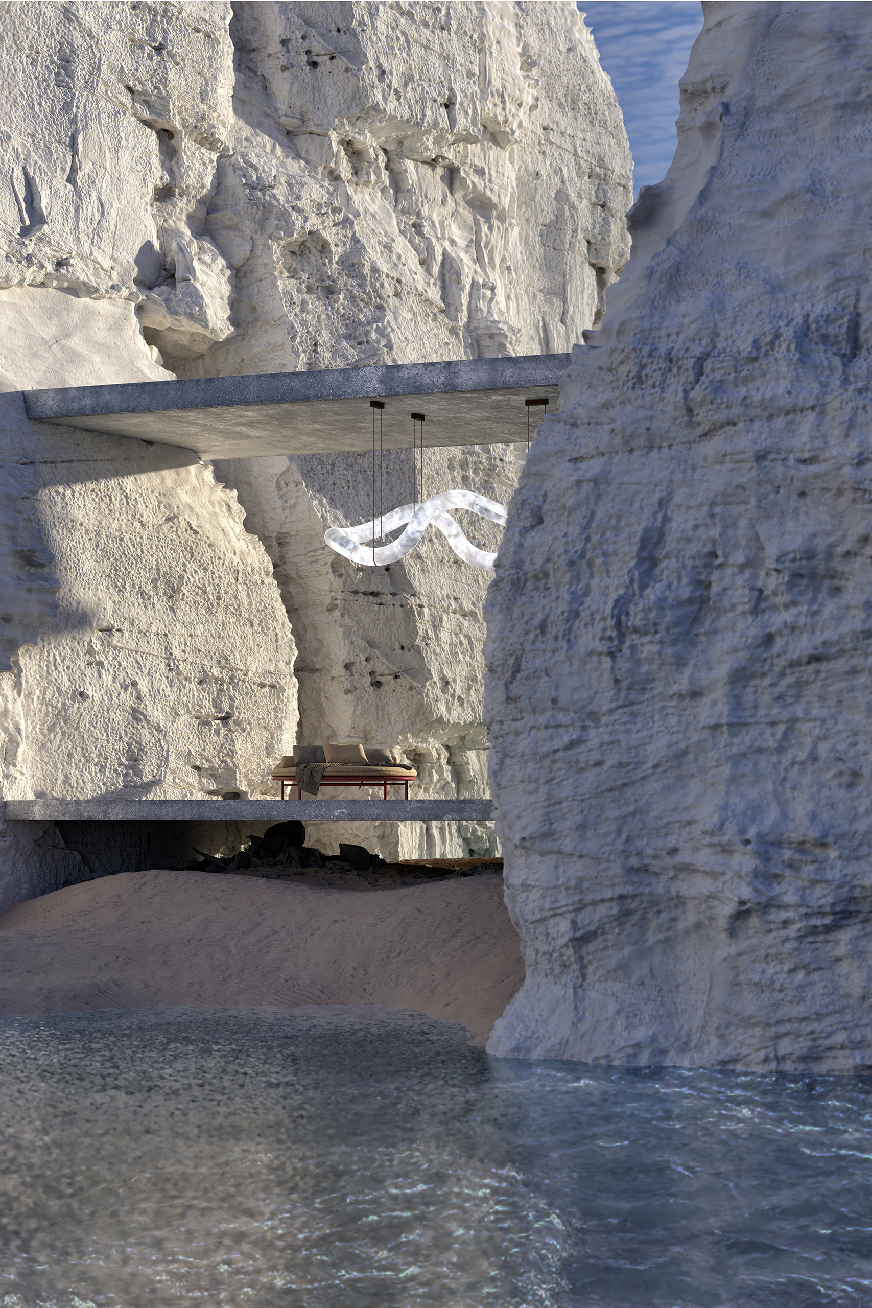 Suspension Infinity Vague en albâtre suspendue entre falaises blanches calcaires au bord de l'eau en plein jour