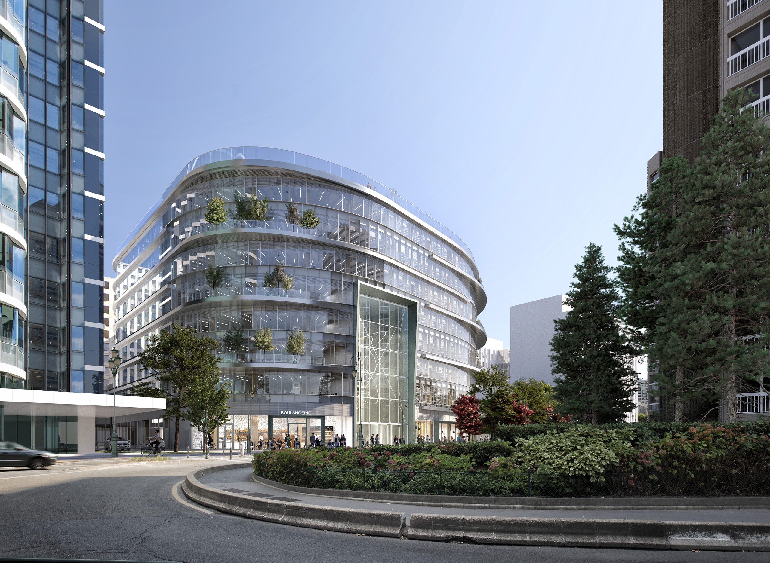 BNP Tour Inspire de jour – façade incurvée vitrée à terrasses biophiliques et boulangerie en rez-de-chaussée, La Défense.