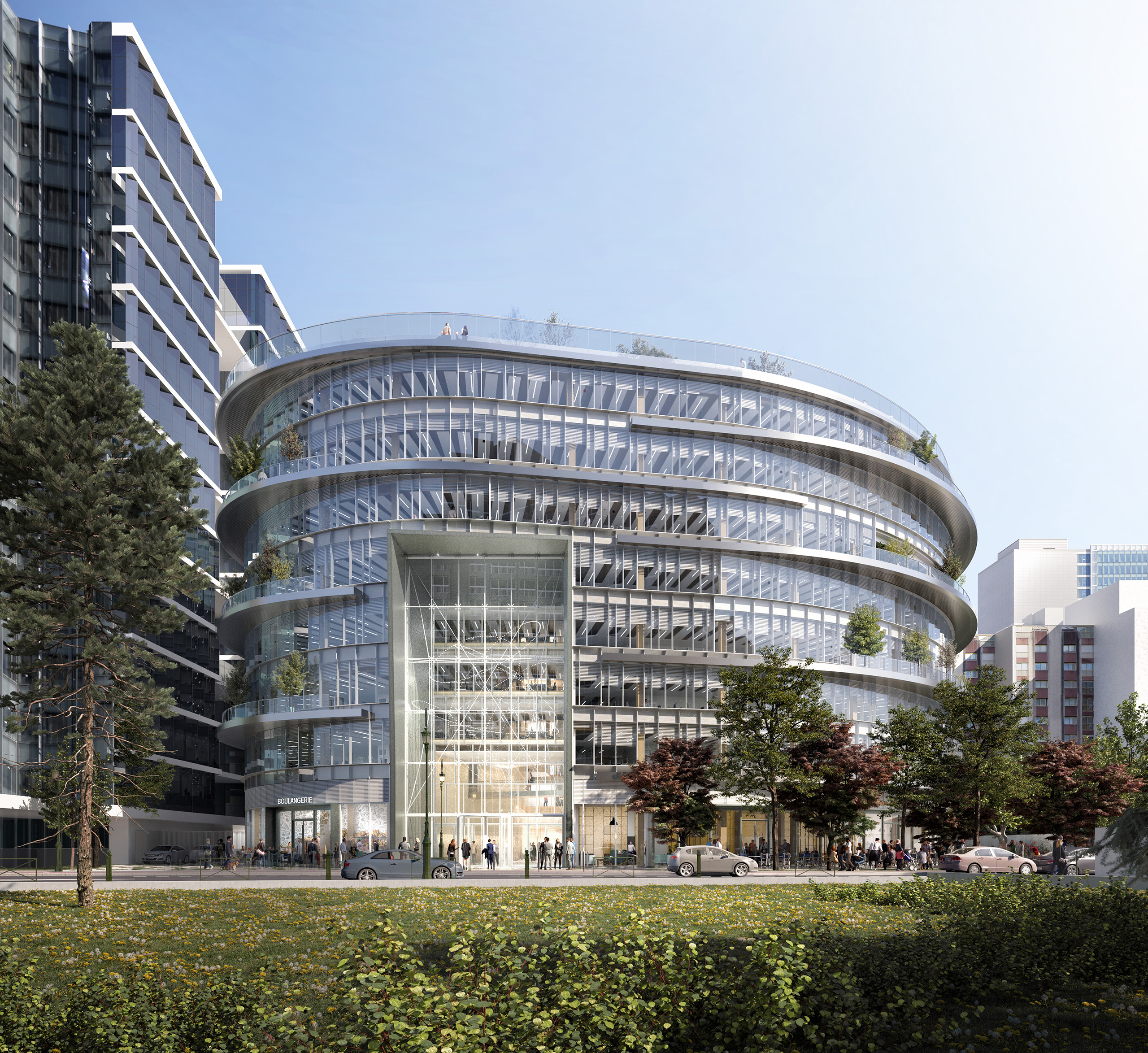 BNP Tour Inspire – hall vitré monumental et boulangerie en rez-de-chaussée actif, façade courbe à bandeaux filants, La Défense.