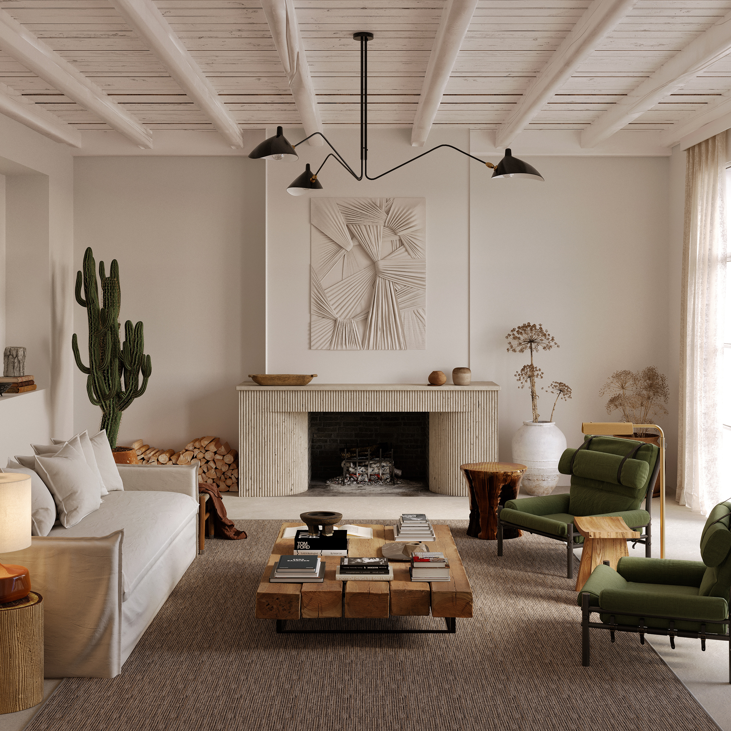 Salon méditerranéen avec moquette Jakarta Balsan – cheminée cannelée en pierre, fauteuils velours vert, table basse en bois brut et cactus