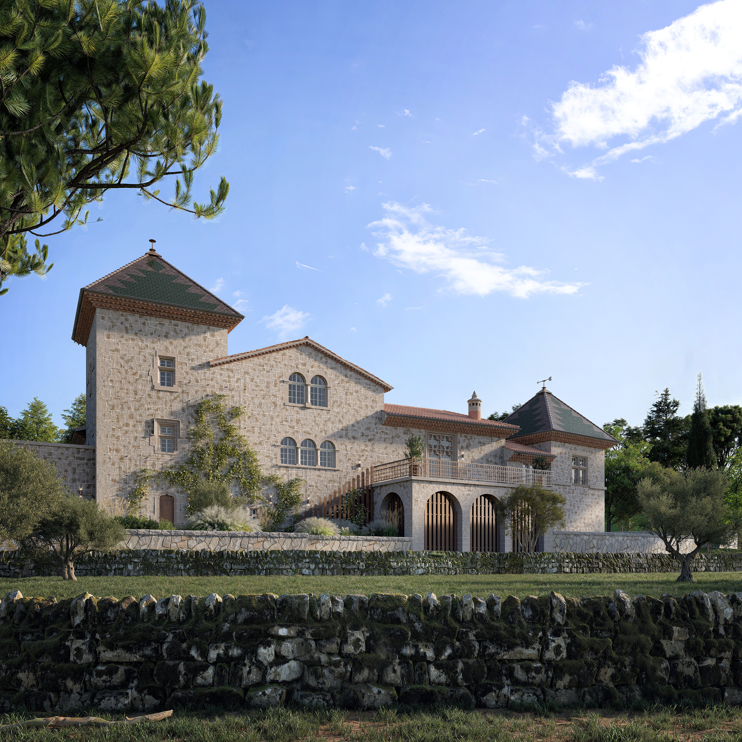 Vue extérieure du château de La Baume en Ardèche – deux tours en pierre de taille, toitures en tuiles canal et zinc, terrasse à arcades et muret en pierre sèche