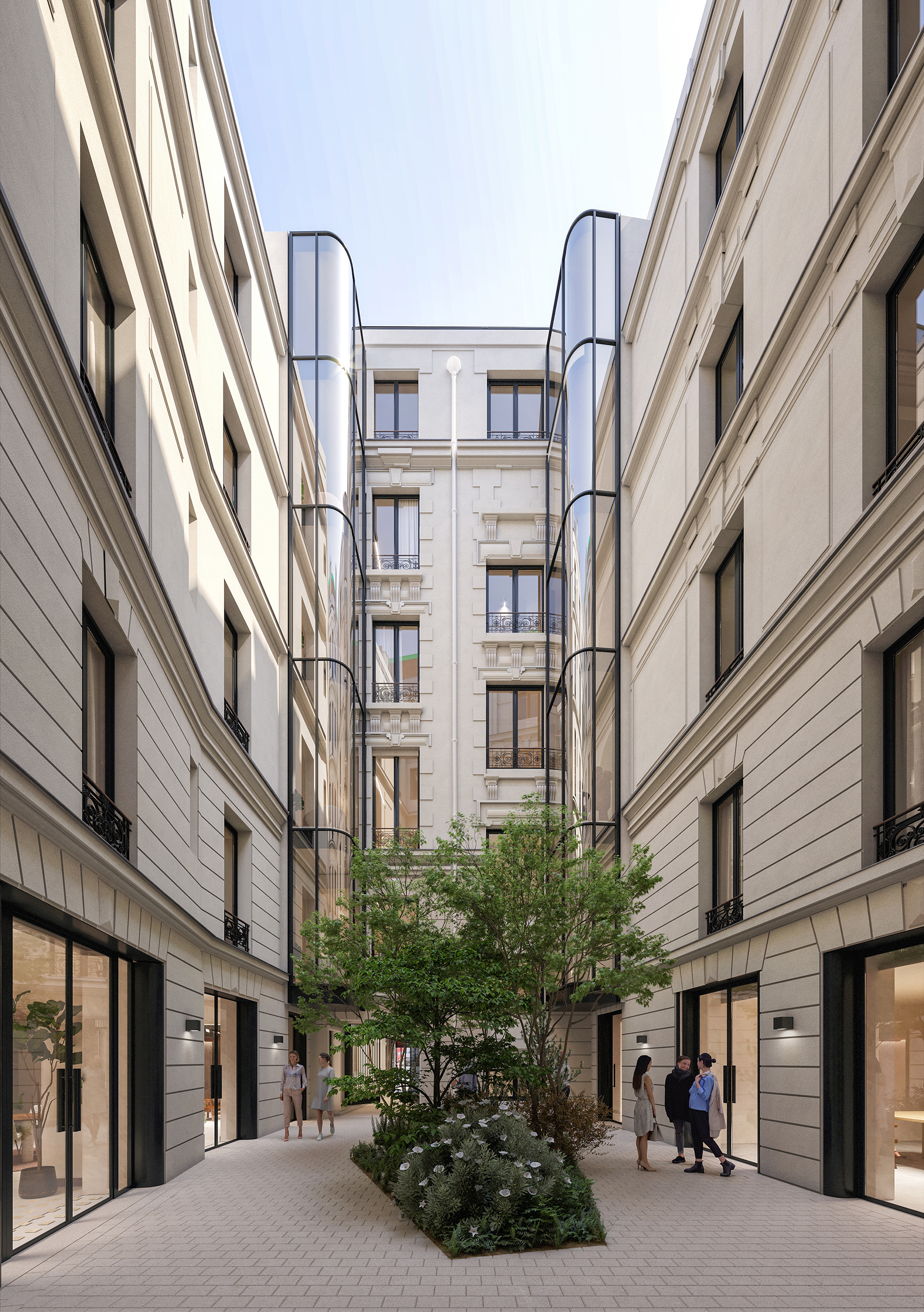 Marbeuf – cour intérieure en pierre claire avec extensions vitrées arrondies en toiture, arbre central fleuri, silhouettes de passants