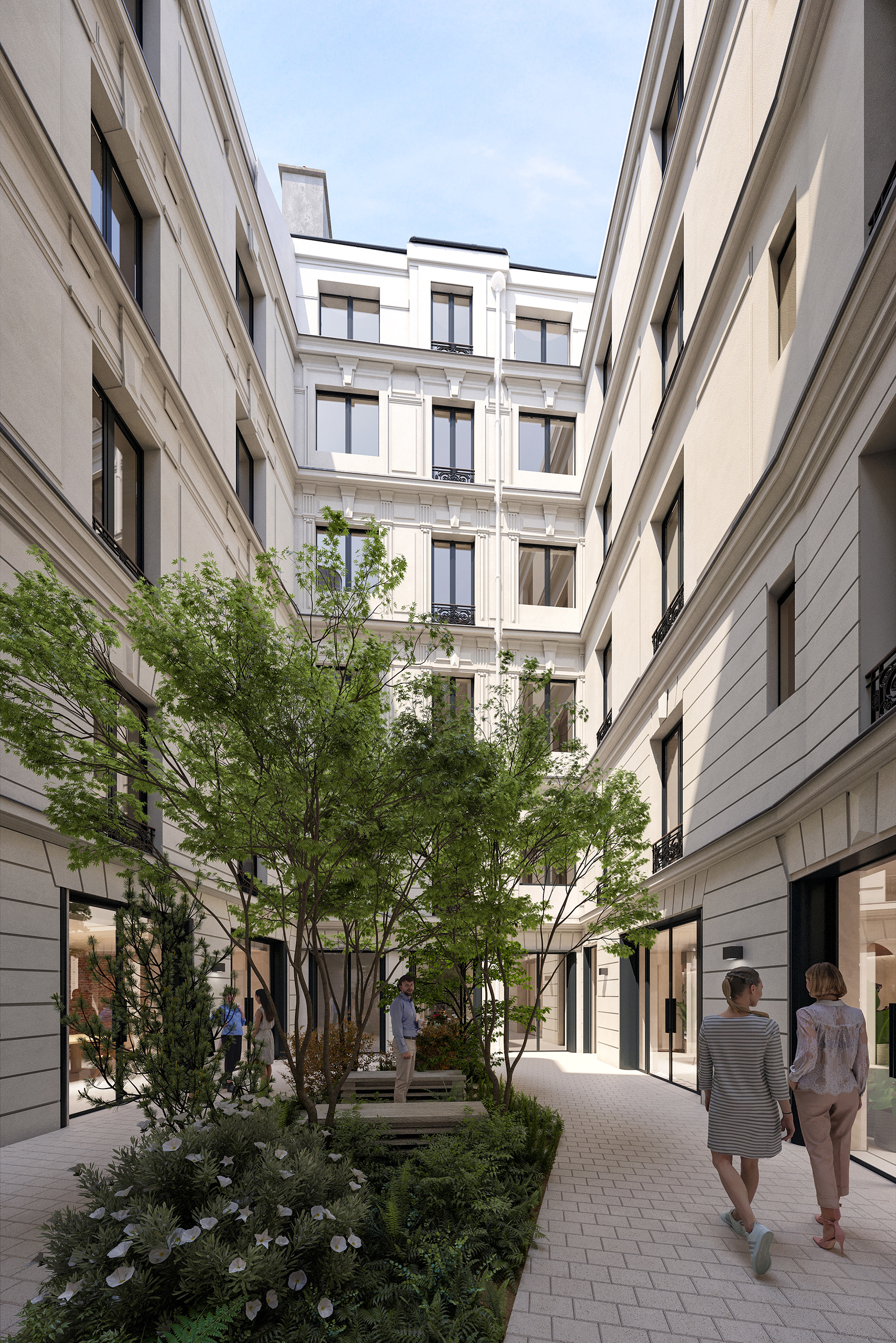 Marbeuf – cour intérieure en pierre claire avec extensions vitrées arrondies en toiture, arbre central fleuri, silhouettes de passants