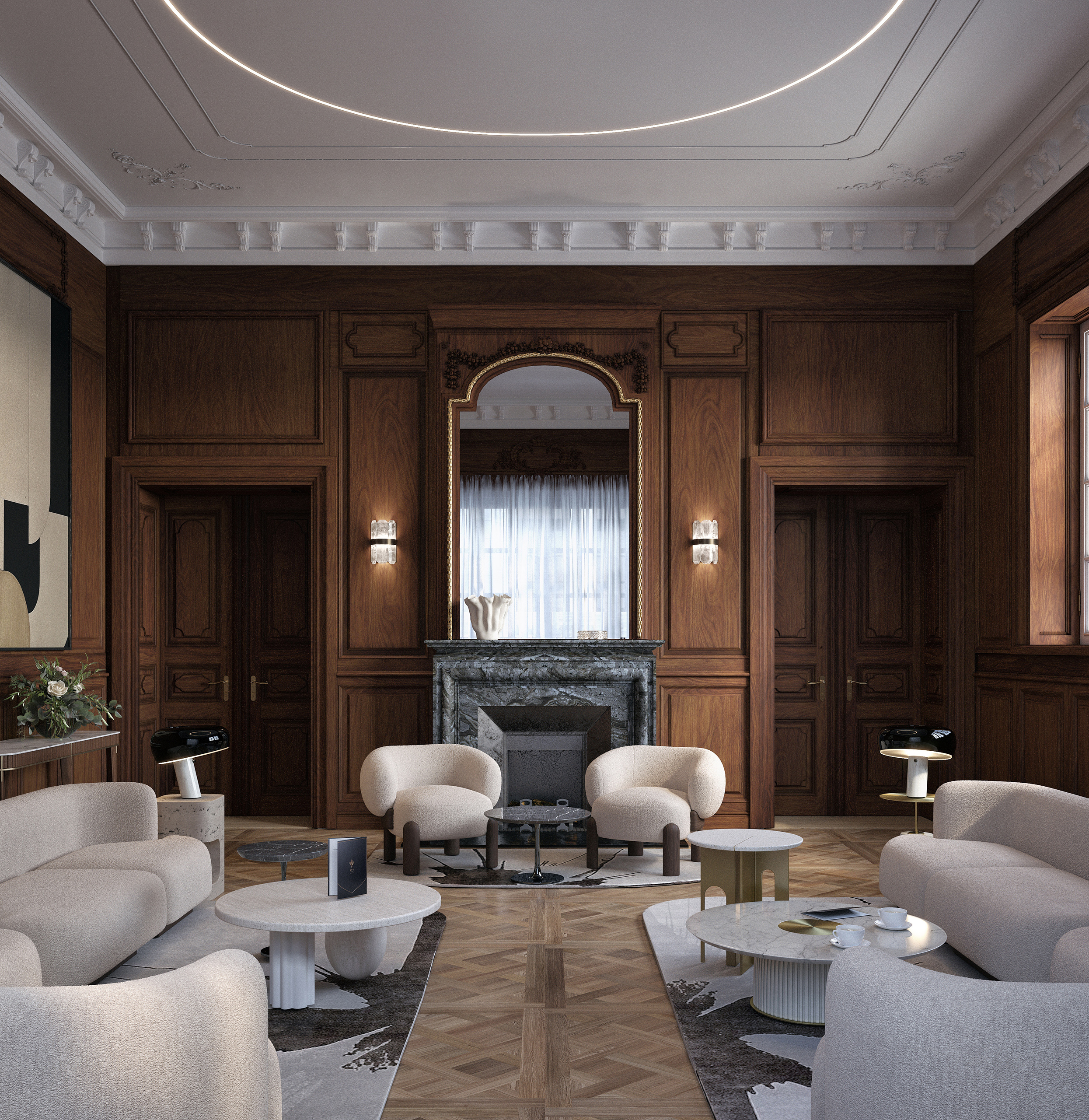 Salon néoclassique avec lampadaires MB Crystal en cristal de roche naturel, boiseries noyer, cheminée marbre vert et fauteuils bouclette ivoire