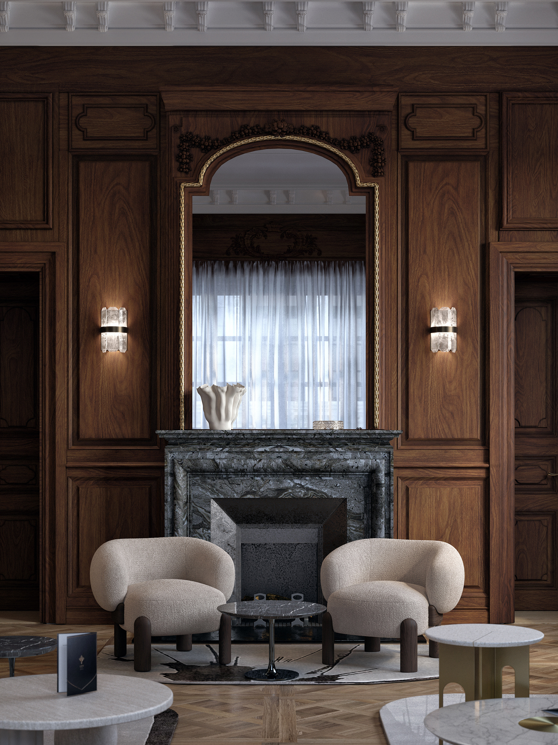 Salon néoclassique avec lampadaires MB Crystal en cristal de roche naturel, boiseries noyer, cheminée marbre vert et fauteuils bouclette ivoire