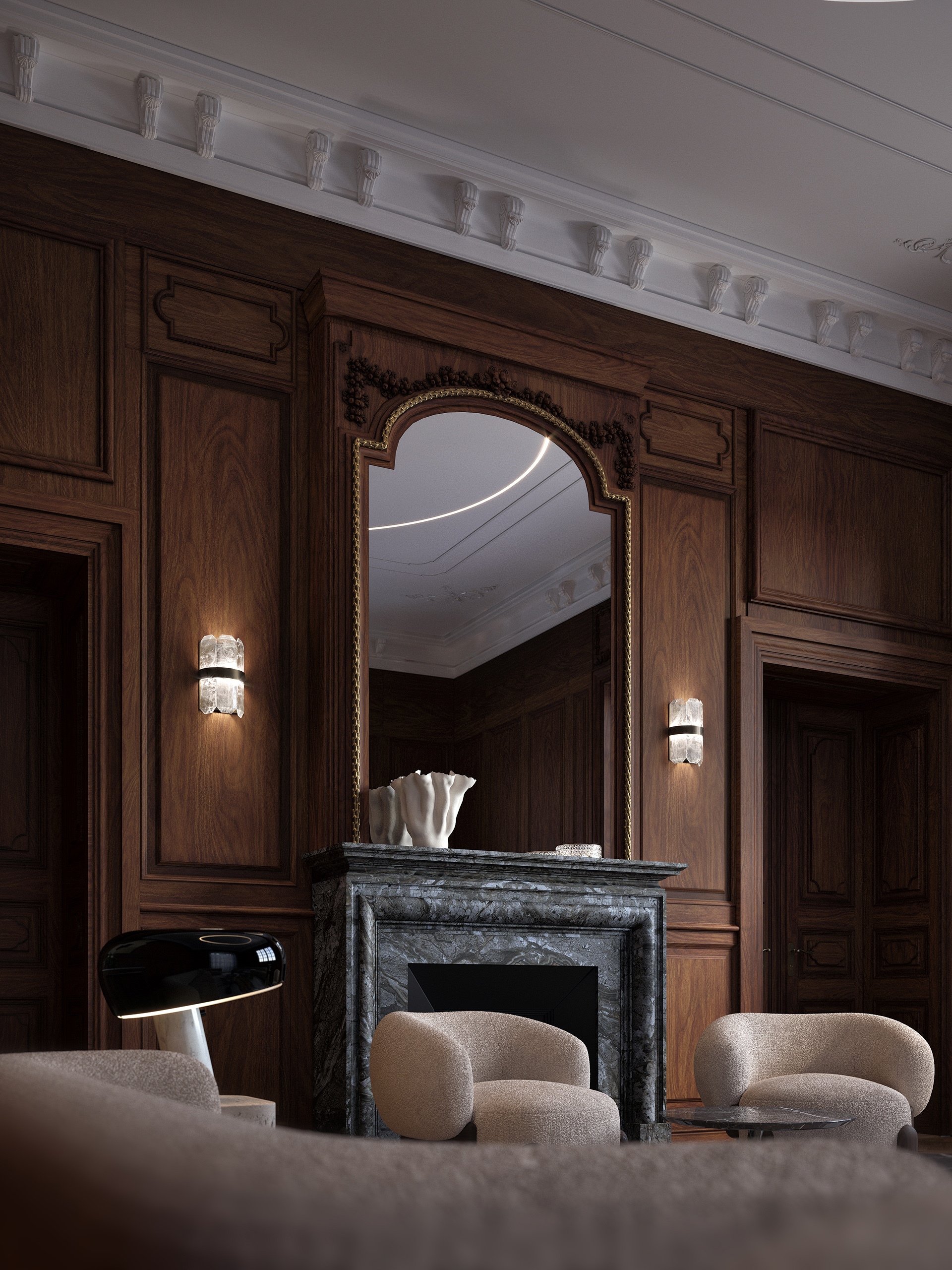 Salon néoclassique avec lampadaires MB Crystal en cristal de roche naturel, boiseries noyer, cheminée marbre vert et fauteuils bouclette ivoire