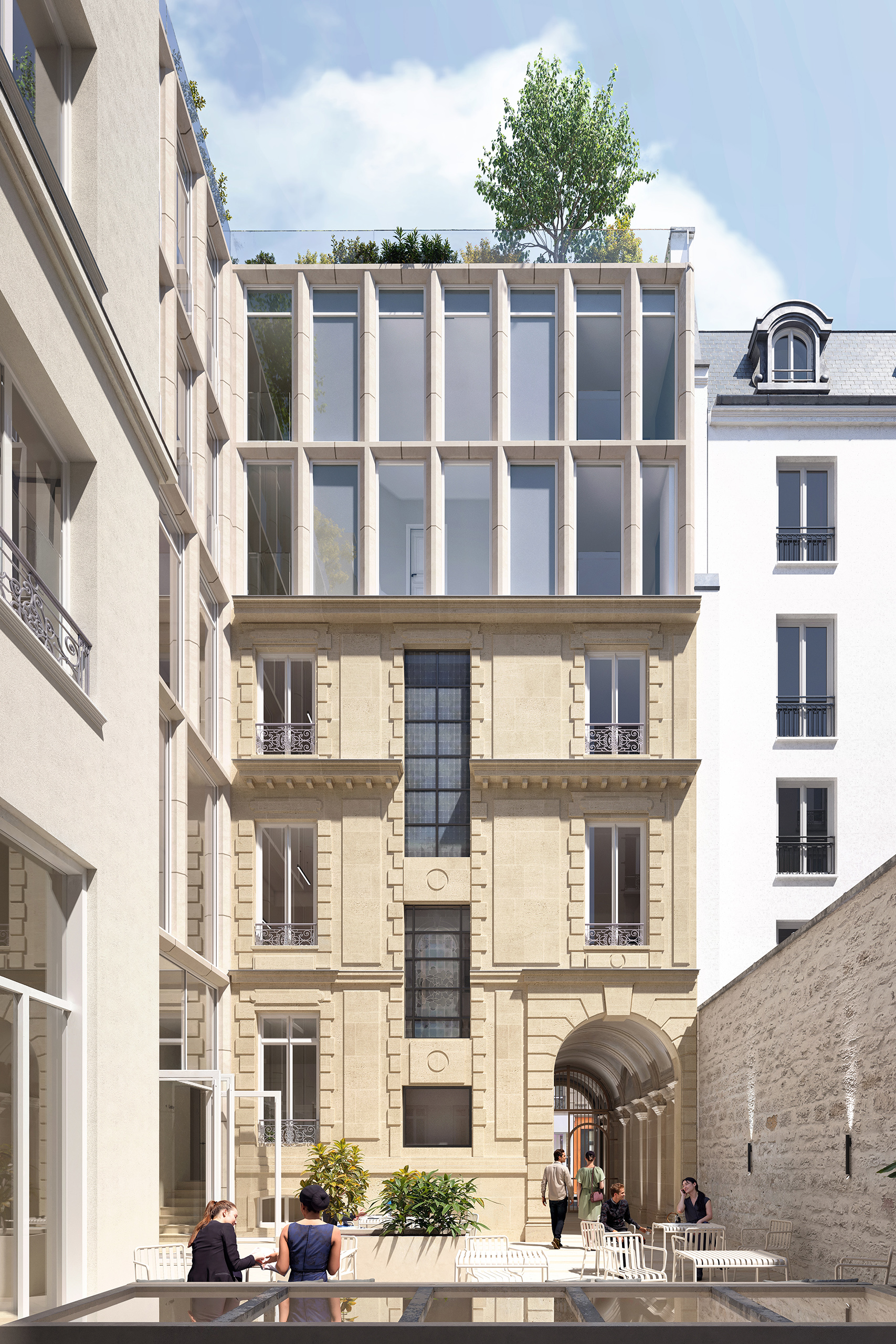 Vue sur cour du projet de bureaux, Miromesnil Paris. Surélévation contemporaine en pierre et verre sur immeuble haussmannien.