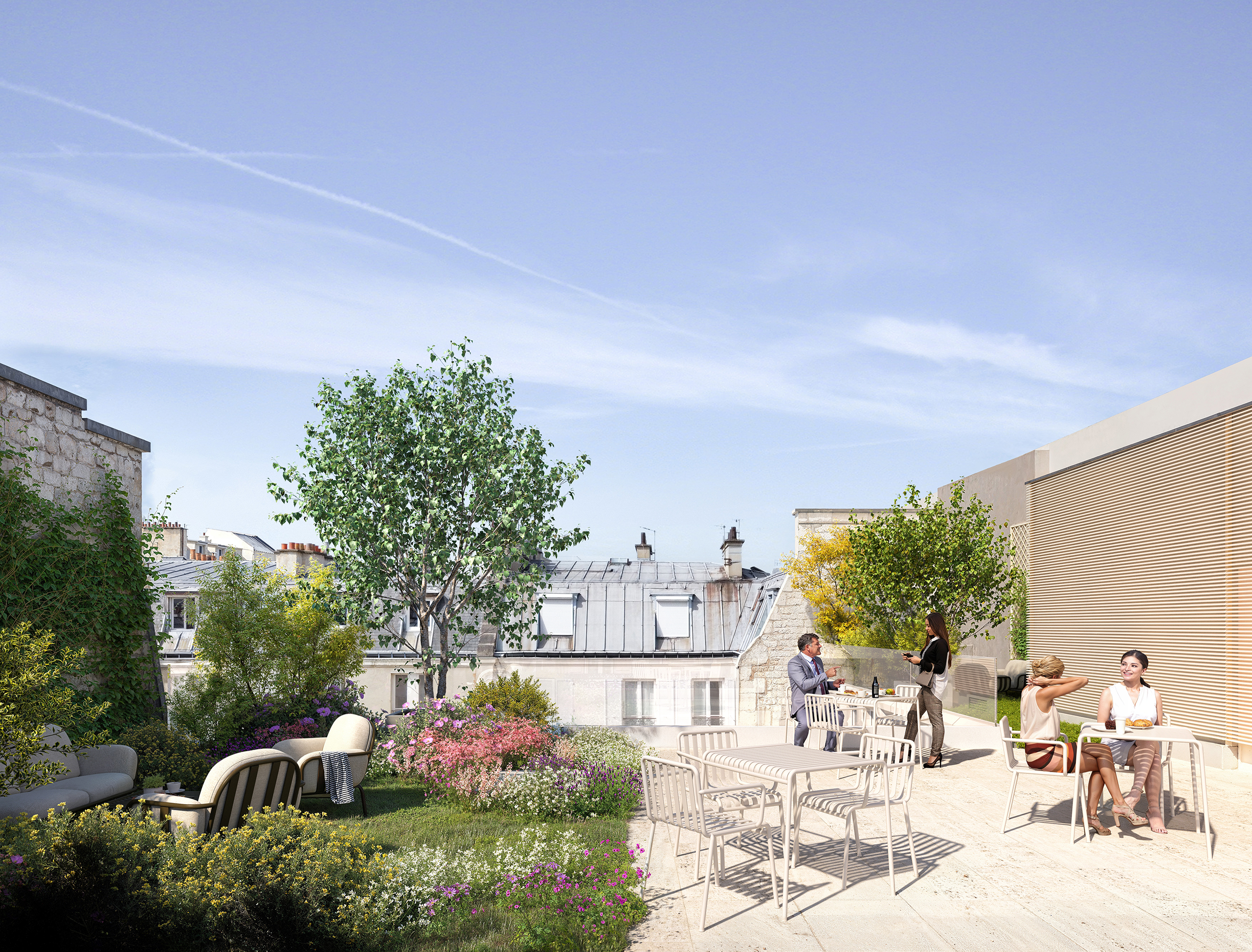Terrasse-jardin sur toiture du projet de bureaux Renaissance, Miromesnil Paris. Végétation fleurie, vue sur les toits parisiens, espace de détente en plein air.