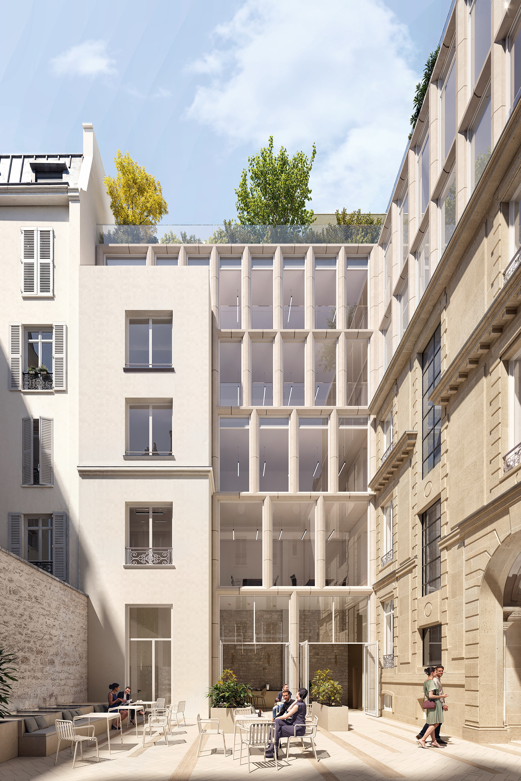Vue sur cour du projet de bureaux, Miromesnil Paris. Surélévation contemporaine en pierre et verre sur immeuble haussmannien.
