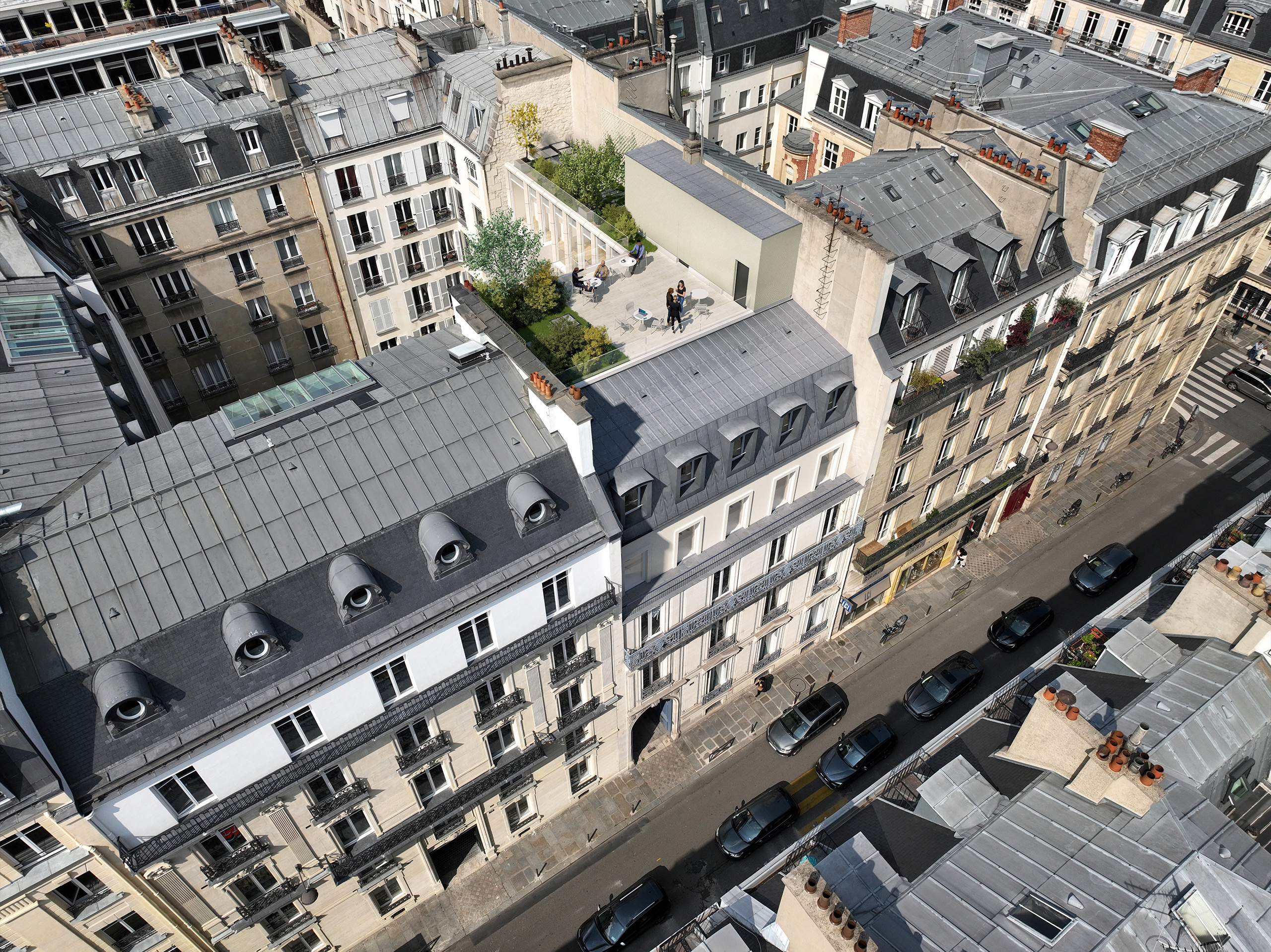 Vue aérienne du projet de bureaux Renaissance, rue de Miromesnil Paris. Surélévation avec terrasse végétalisée en toiture intégrée dans le tissu haussmannien.
