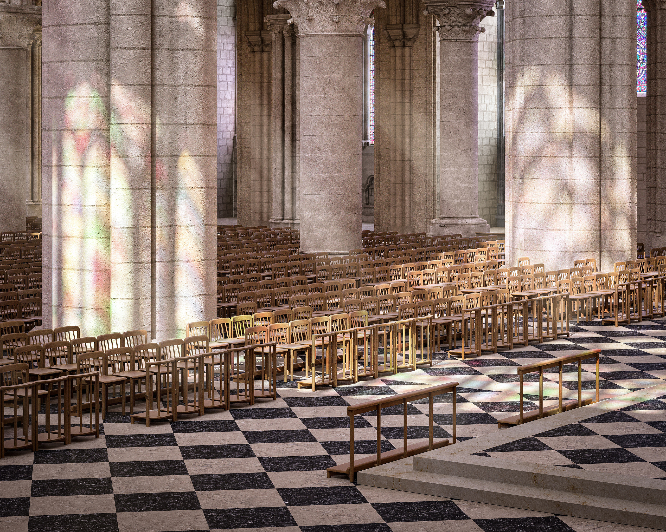 Chaises Notre-Dame de Paris design Ionna Vautrin pour BOSC installées dans la nef de la cathédrale – sol damier en marbre, colonnes romanes et reflets de vitraux