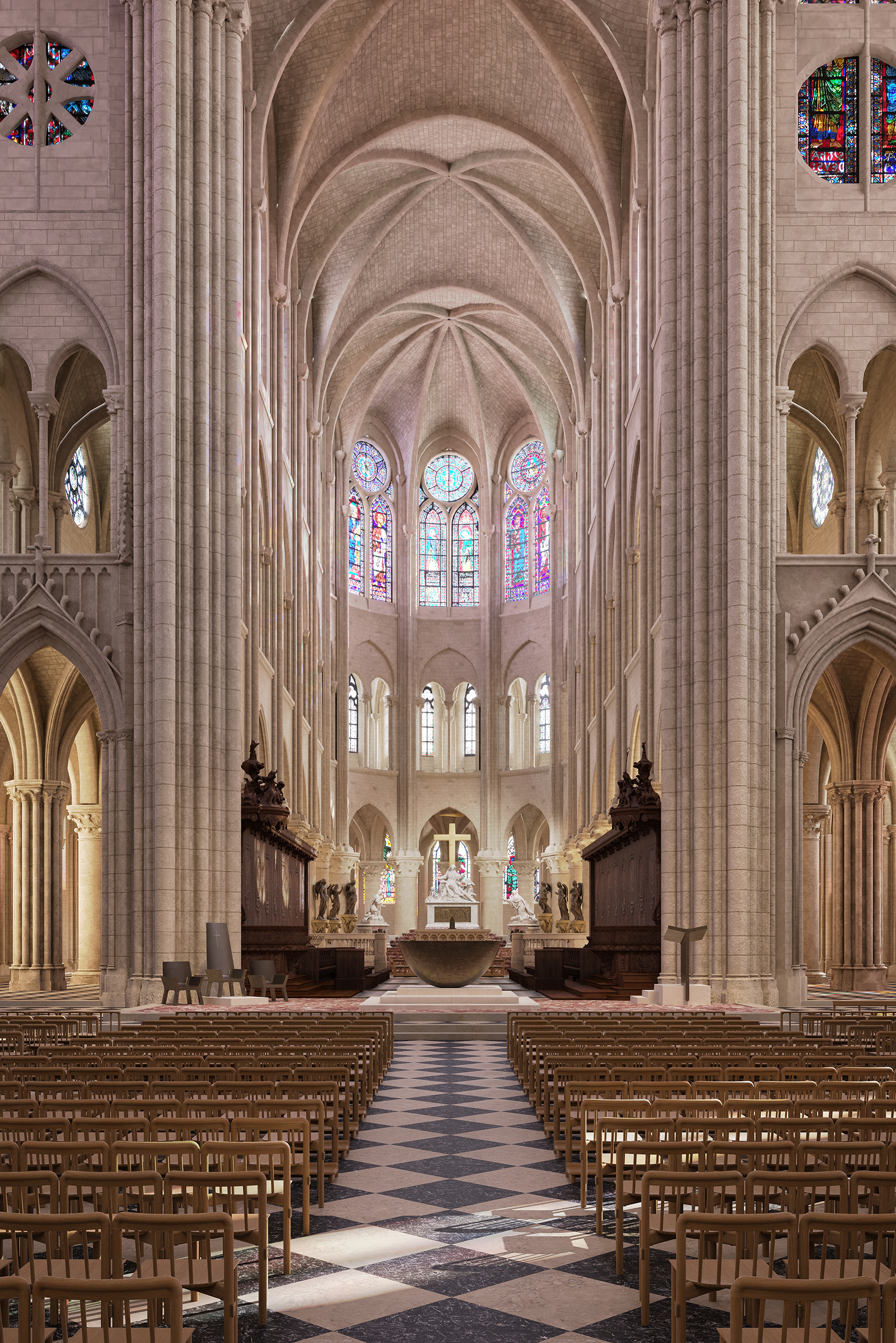 Vue axiale de la nef restaurée de Notre-Dame de Paris vers le chœur – chaises BOSC design Ionna Vautrin, voûtes gothiques, vitraux et sol damier en marbre