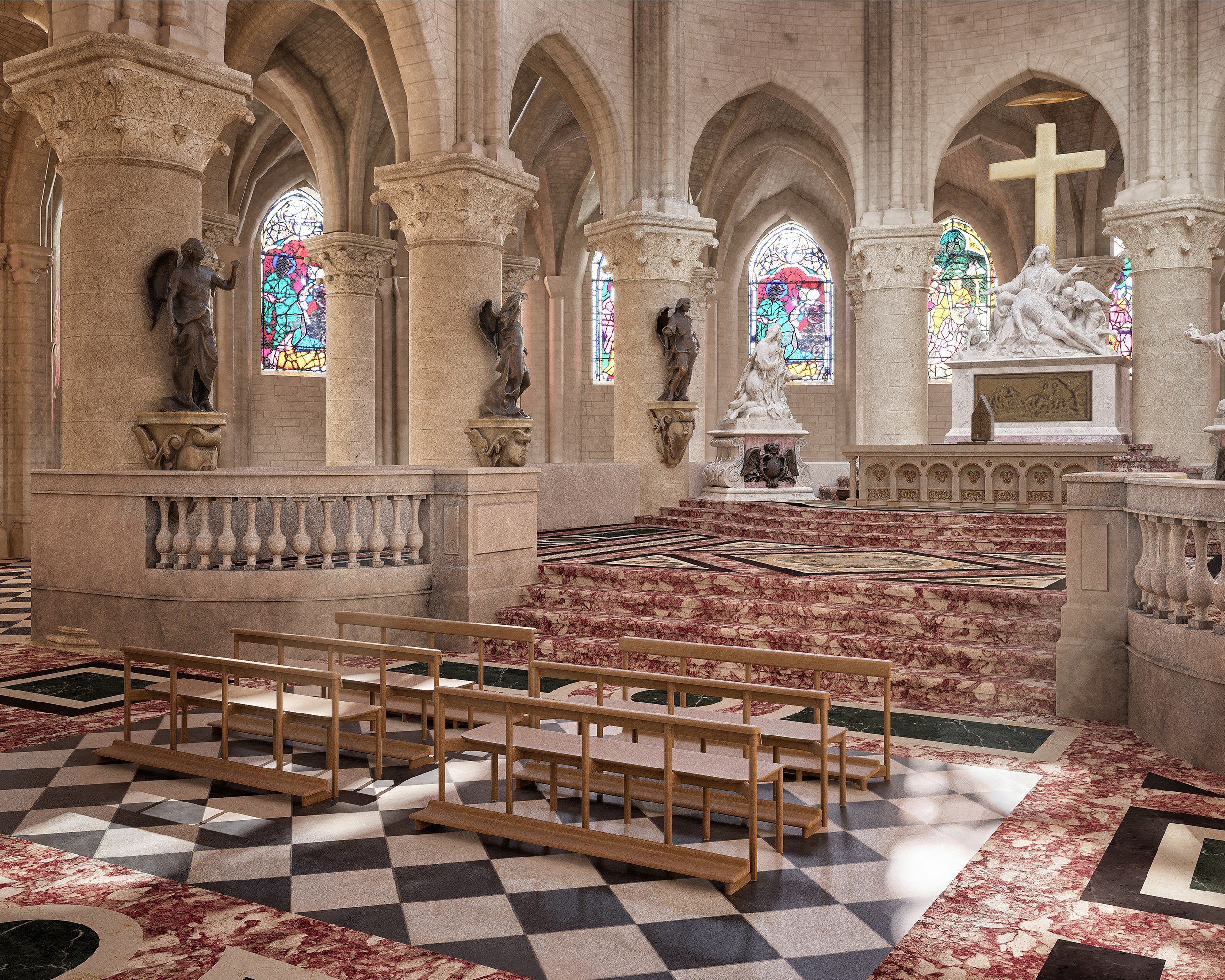 Chaises Notre-Dame de Paris design Ionna Vautrin pour BOSC installées dans la nef de la cathédrale – sol damier en marbre, colonnes romanes et reflets de vitraux