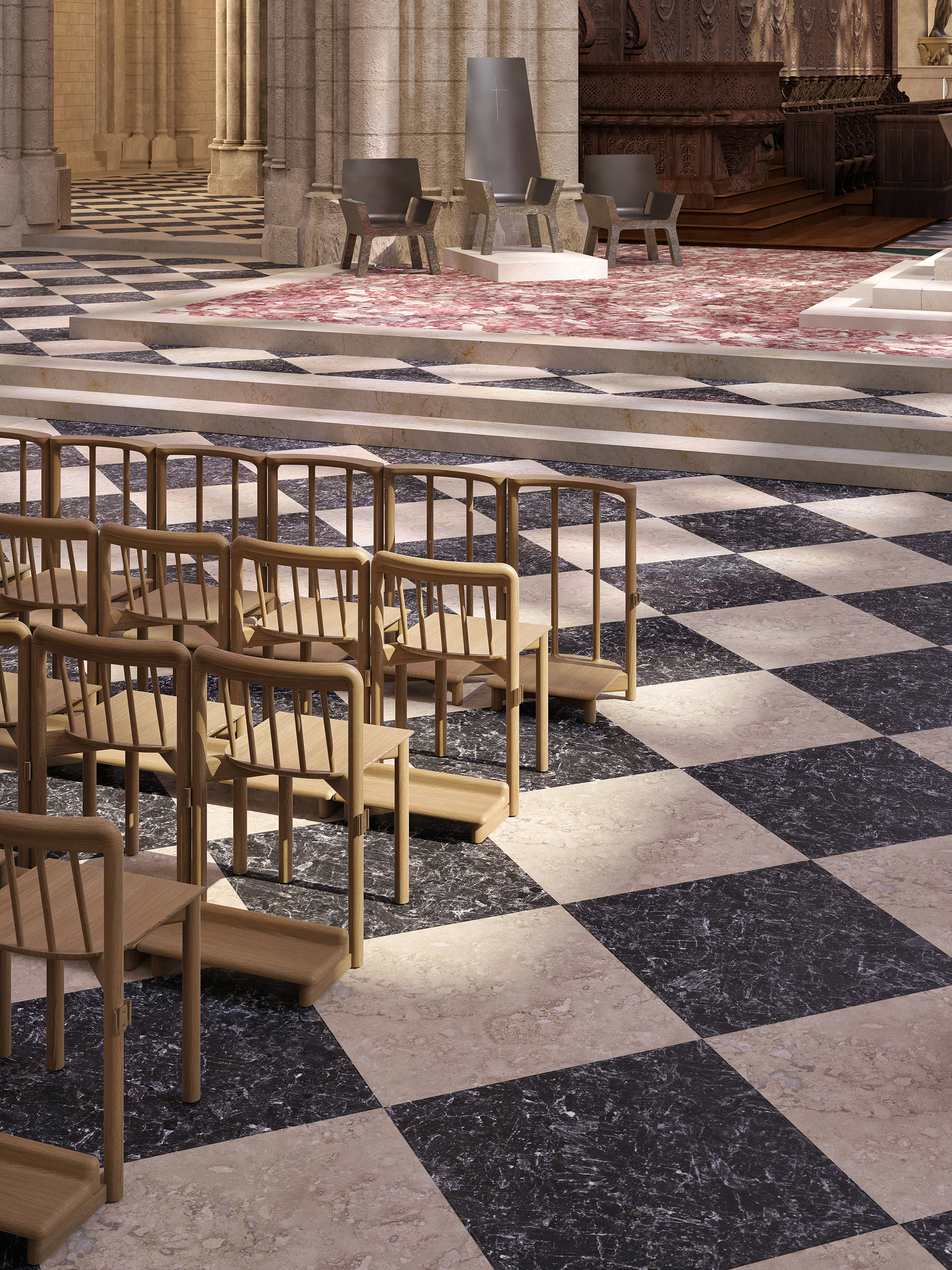 Chaises Notre-Dame de Paris design Ionna Vautrin pour BOSC installées dans la nef de la cathédrale – sol damier en marbre, colonnes romanes et reflets de vitraux