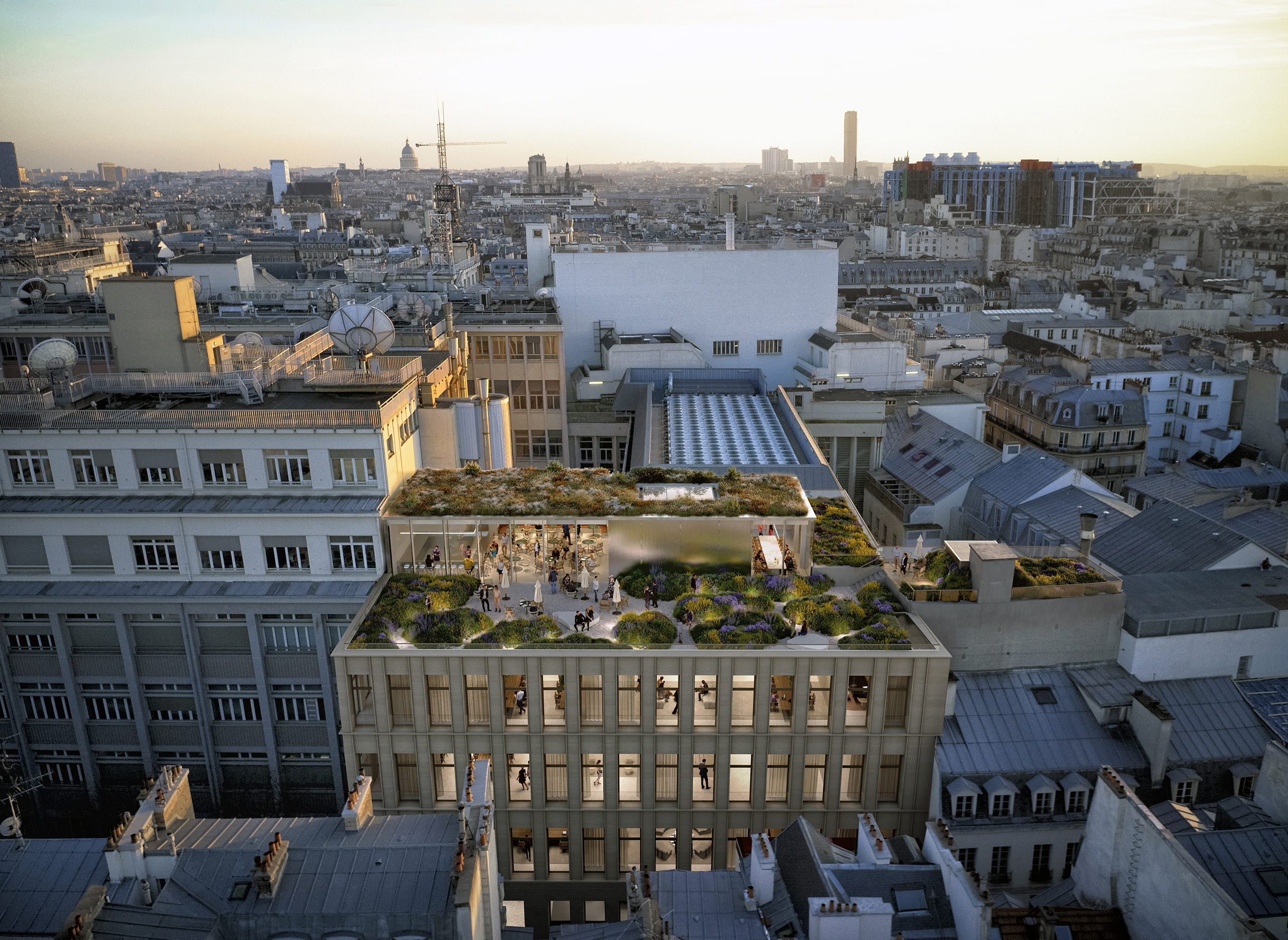 Pastourelle – vue aérienne sur rooftop végétalisé animé, façade vitrée illuminée, toits parisiens et skyline au crépuscule.