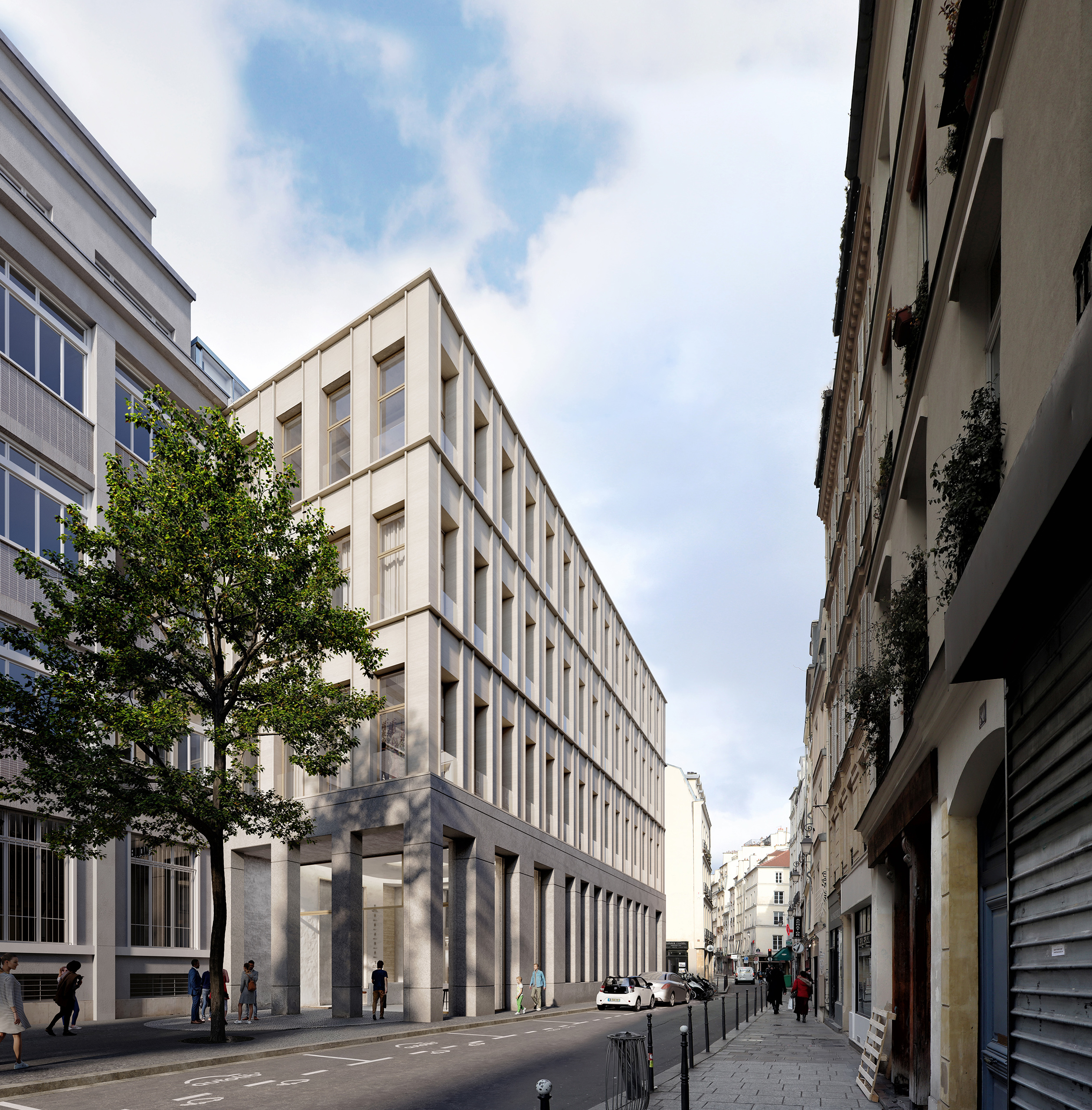 Pastourelle – façade en pierre claire, portique d'entrée à piliers, passants en rue parisienne.
