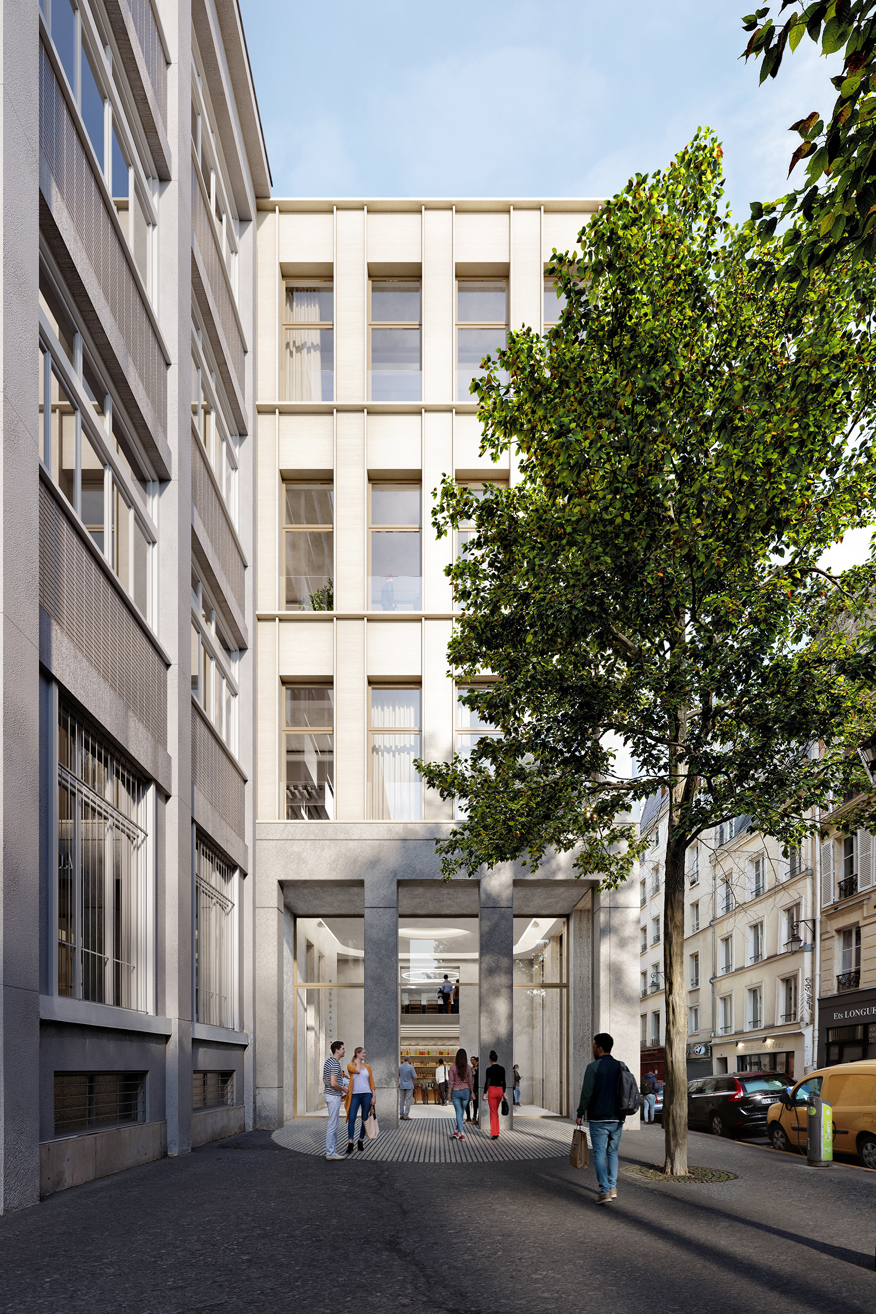 Pastourelle – façade en pierre claire, portique d'entrée à piliers, passants en rue parisienne, arbre en premier plan.