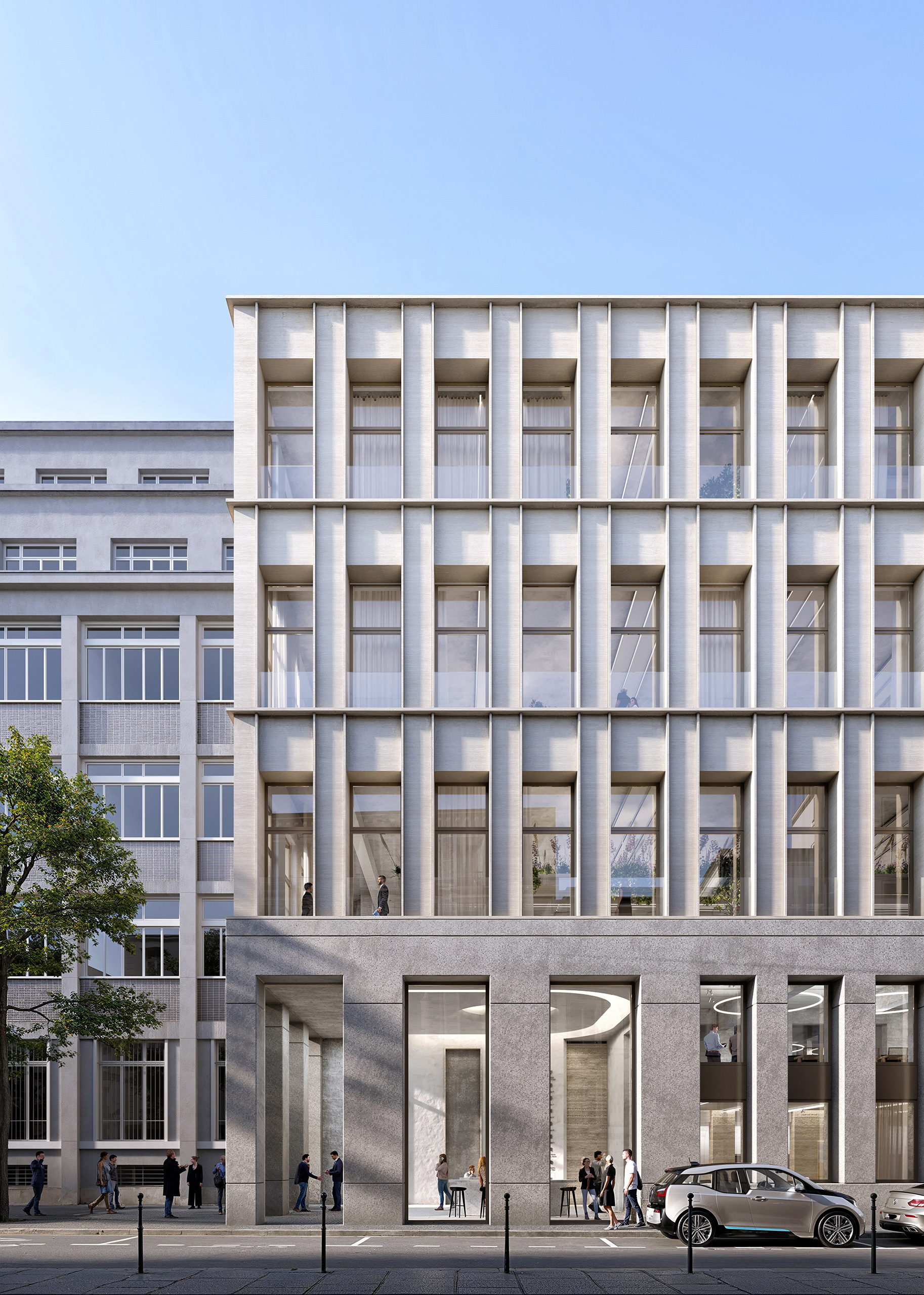 Pastourelle – façade en pierre claire, portique d'entrée à piliers, passants en rue parisienne.