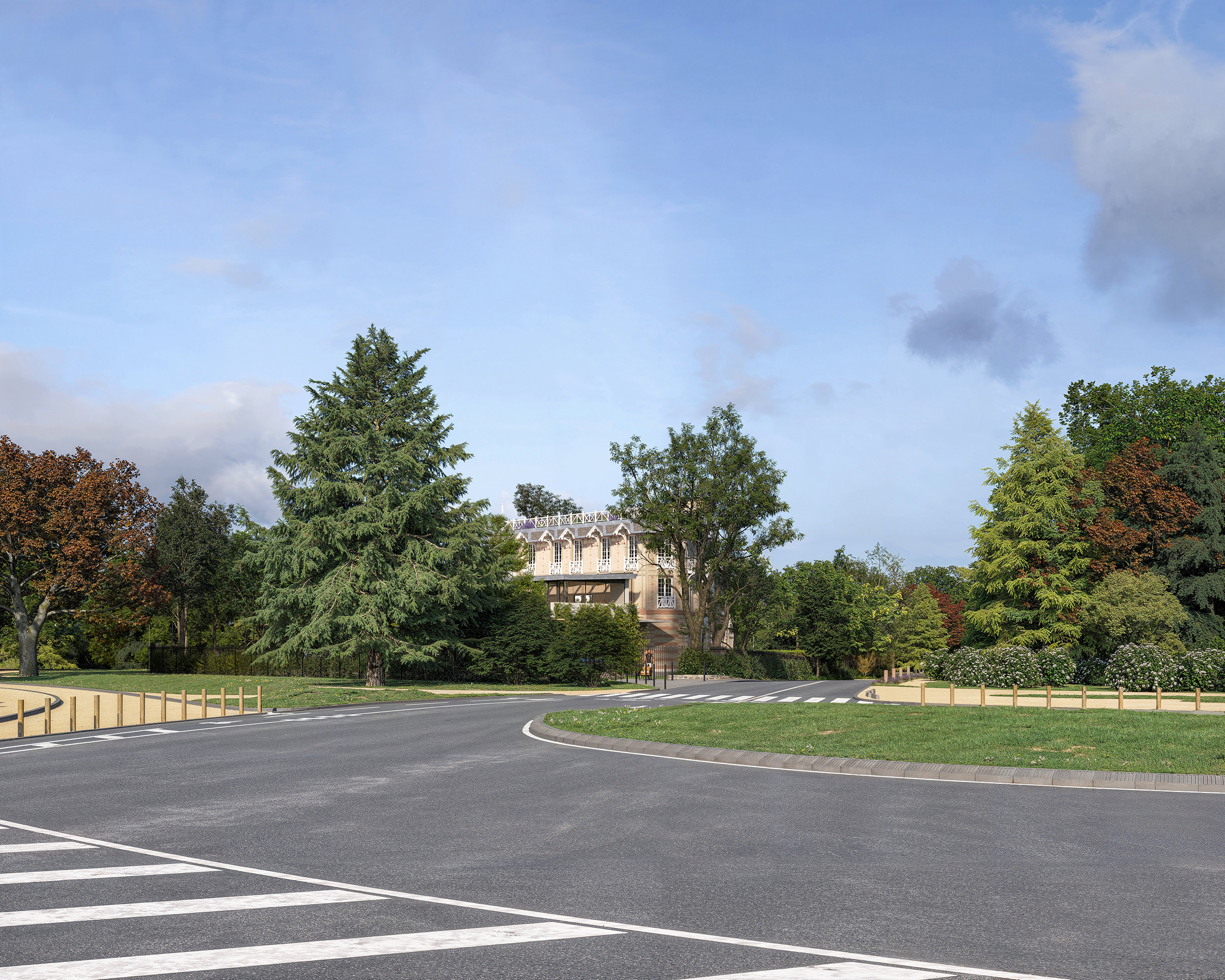 Pavillon Royal – bâtiment historique en pierre, végétation dense, vue depuis un carrefour