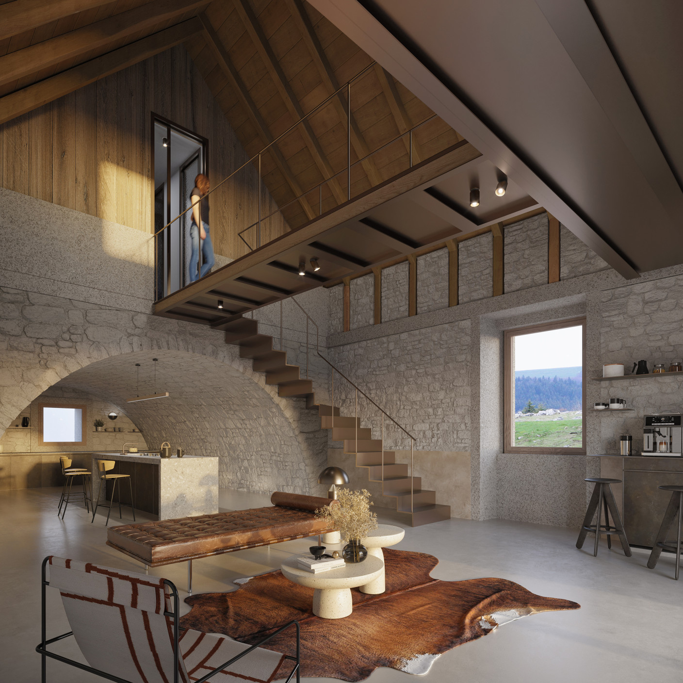 Peyr – intérieur en pierre apparente, mezzanine en bois, escalier suspendu vitré, salon avec tapis en cuir, vue sur montagne