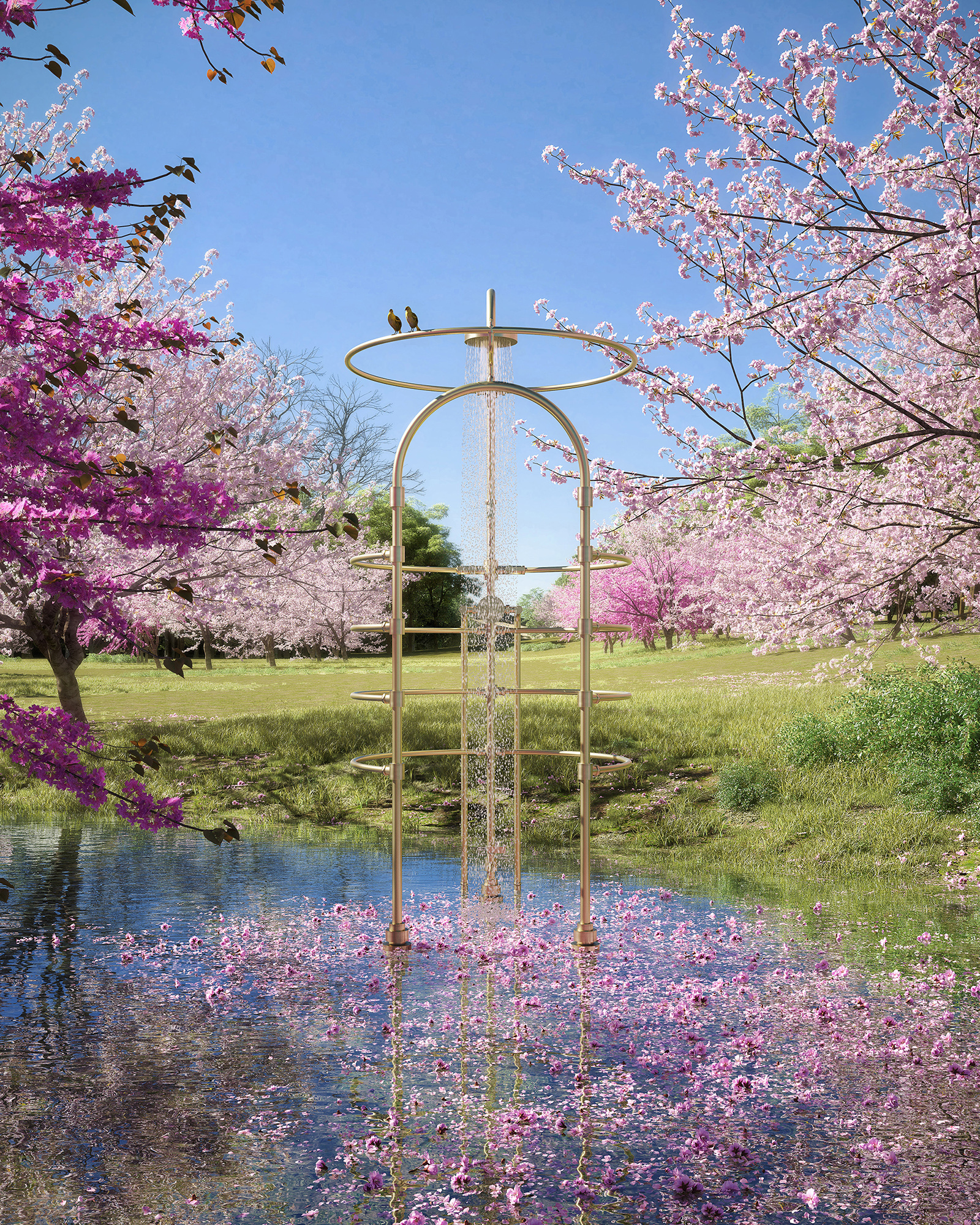Colonne de douche extérieure Printemps en laiton doré, mise en scène dans un jardin de cerisiers en fleurs