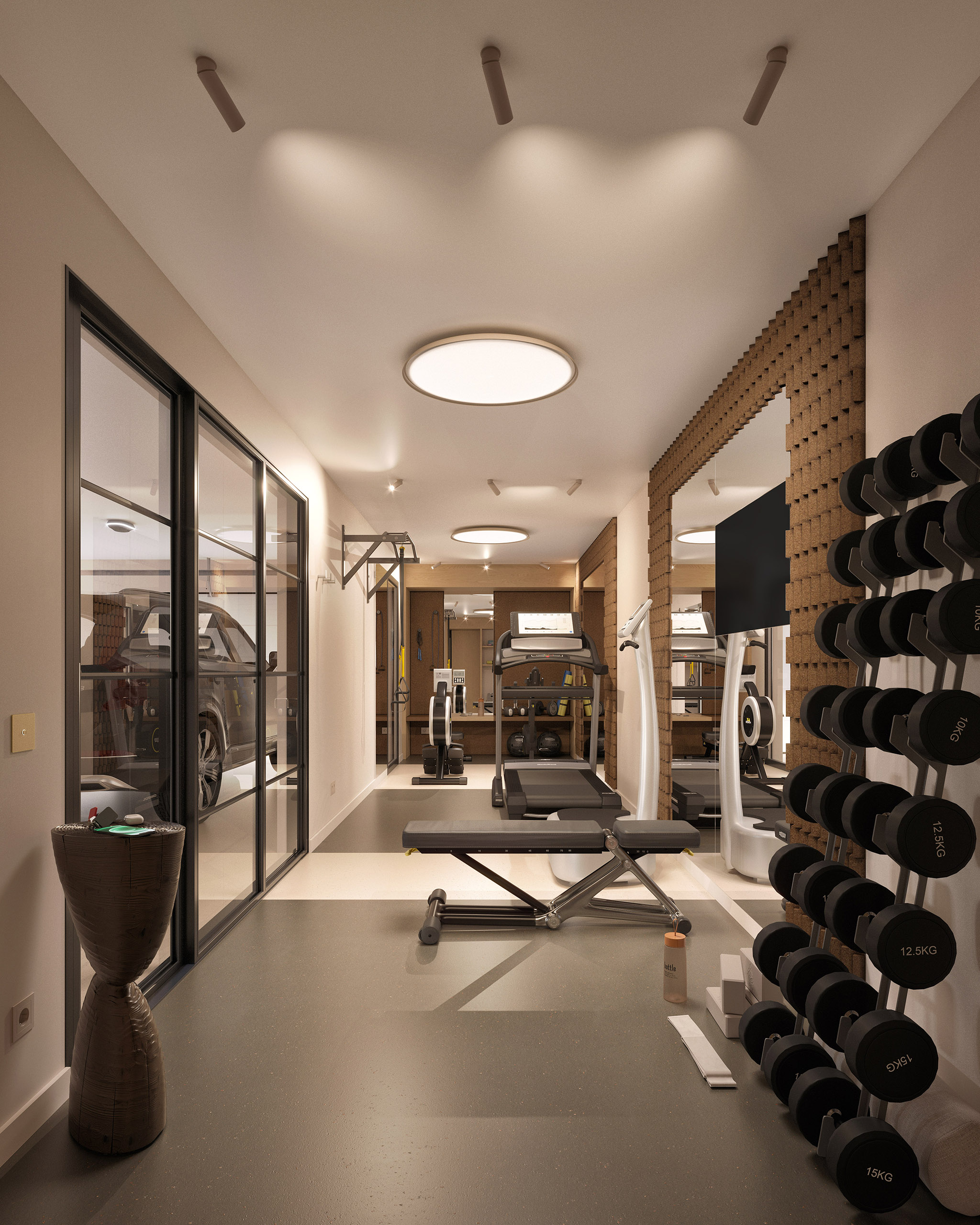 Salle de sport privative du projet Reynard – mur en liège texturé, rack d'haltères, tapis de course et cloison vitrée sur garage.