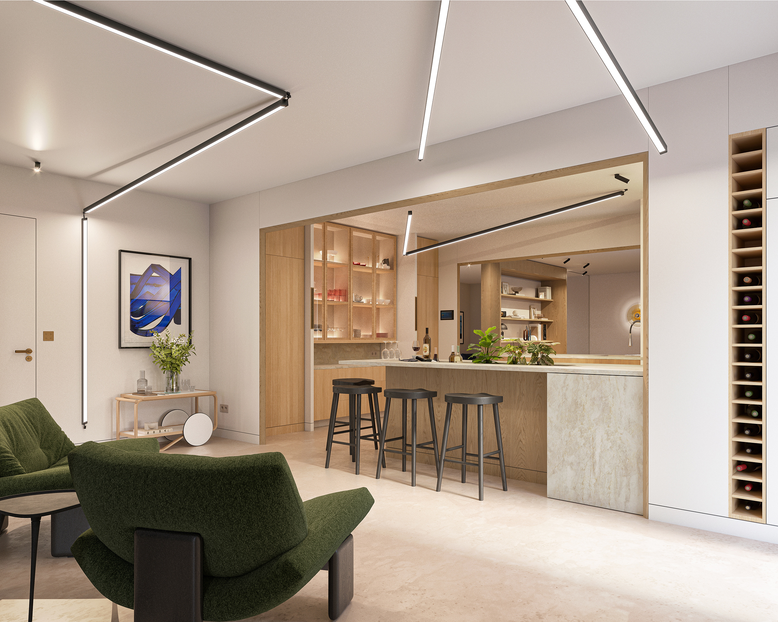 Espace bar et salon du projet Reynard – îlot en pierre, fauteuils bouclette verts, cave à vin intégrée et éclairage linéaire au plafond.