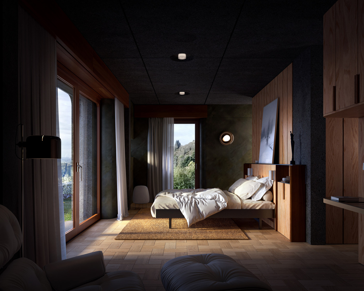 Riga – chambre sombre en bois et béton, lit blanc, grande baie vitrée sur végétation, plafond acoustique noir