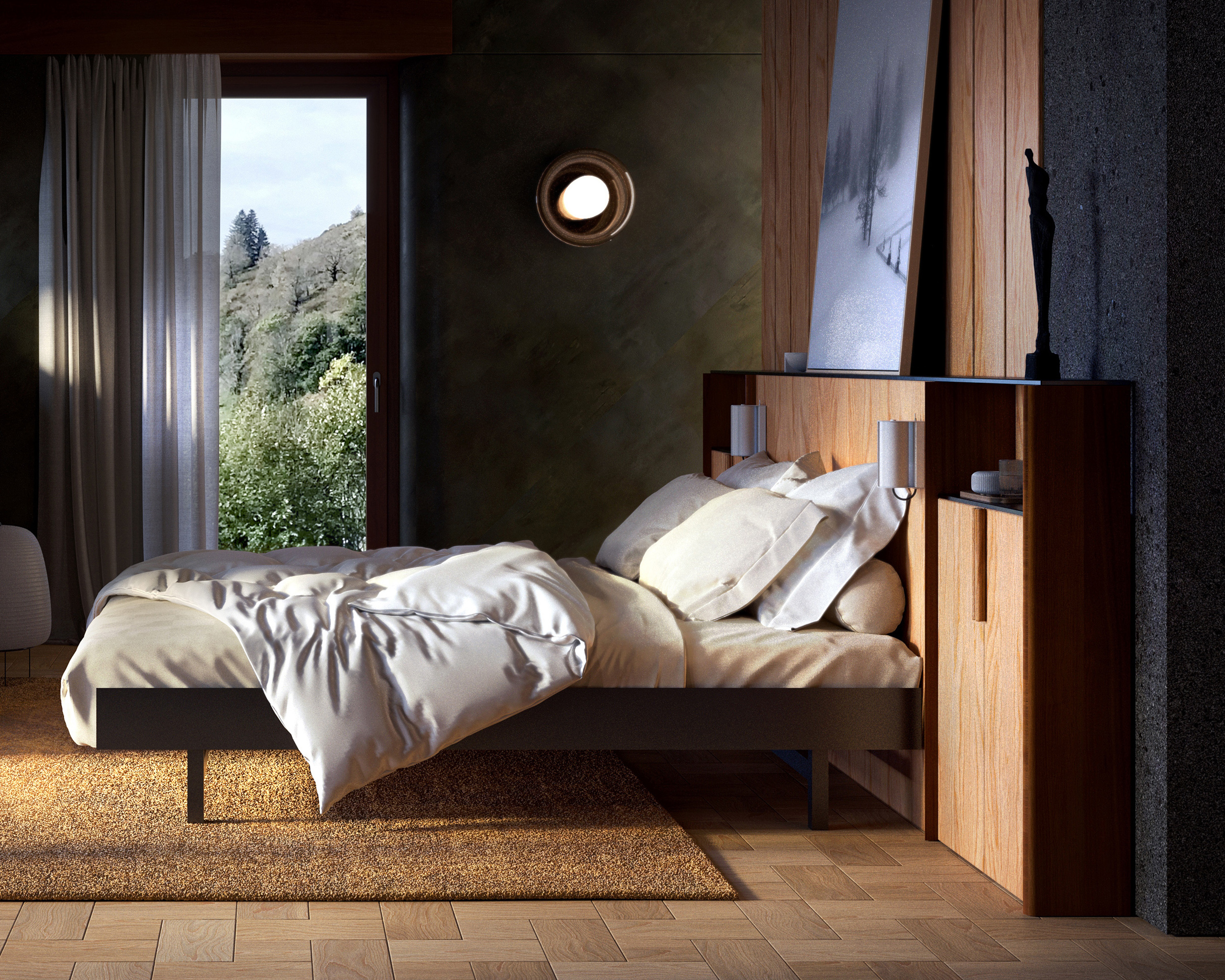 Riga – chambre sombre en bois et béton, lit blanc, grande baie vitrée sur végétation, plafond acoustique noir