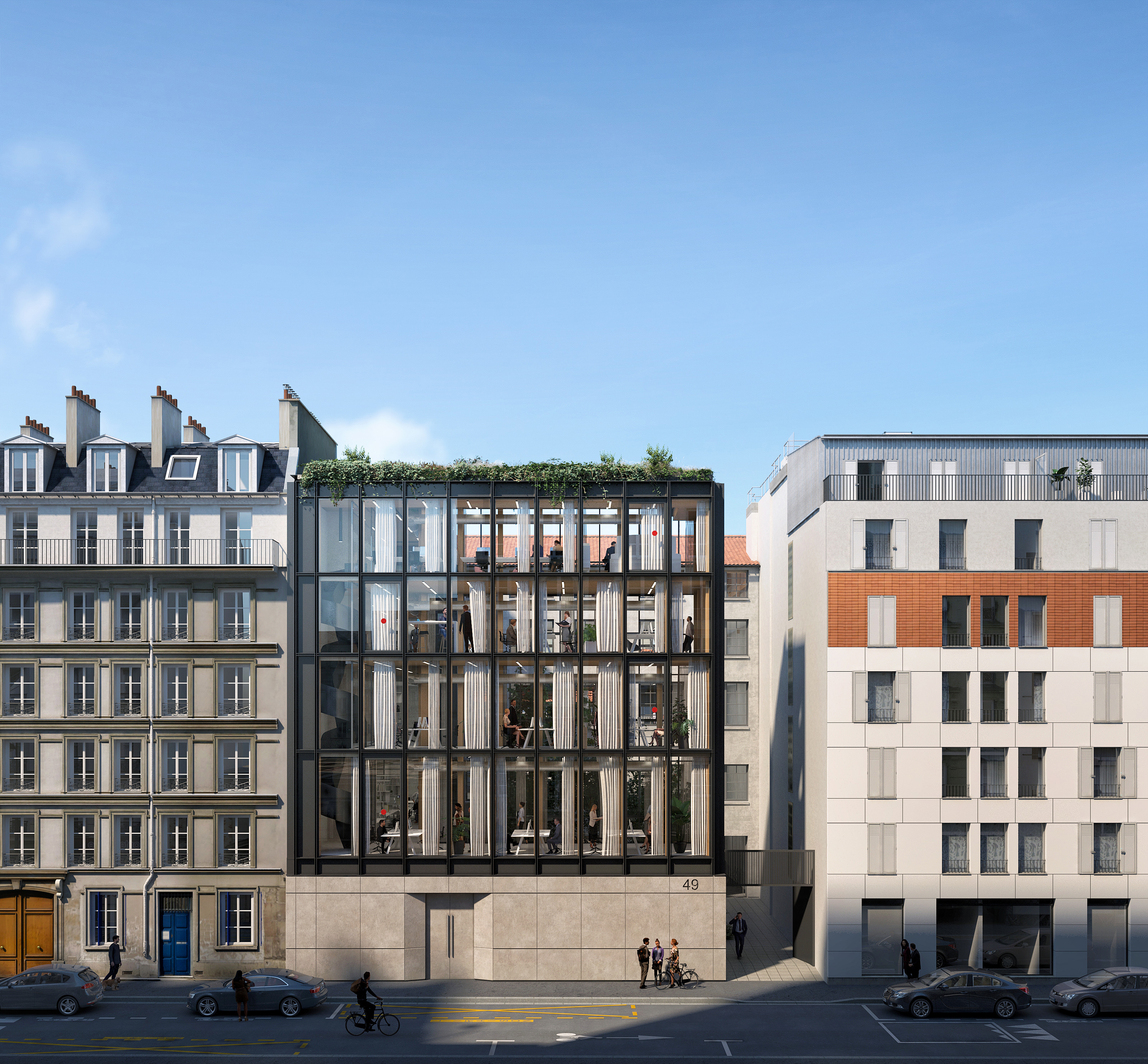 Immeuble de bureaux Rue Servan Paris – façade entièrement vitrée à structure noire sur socle en pierre, toiture végétalisée, insertion contemporaine dans tissu haussmannien