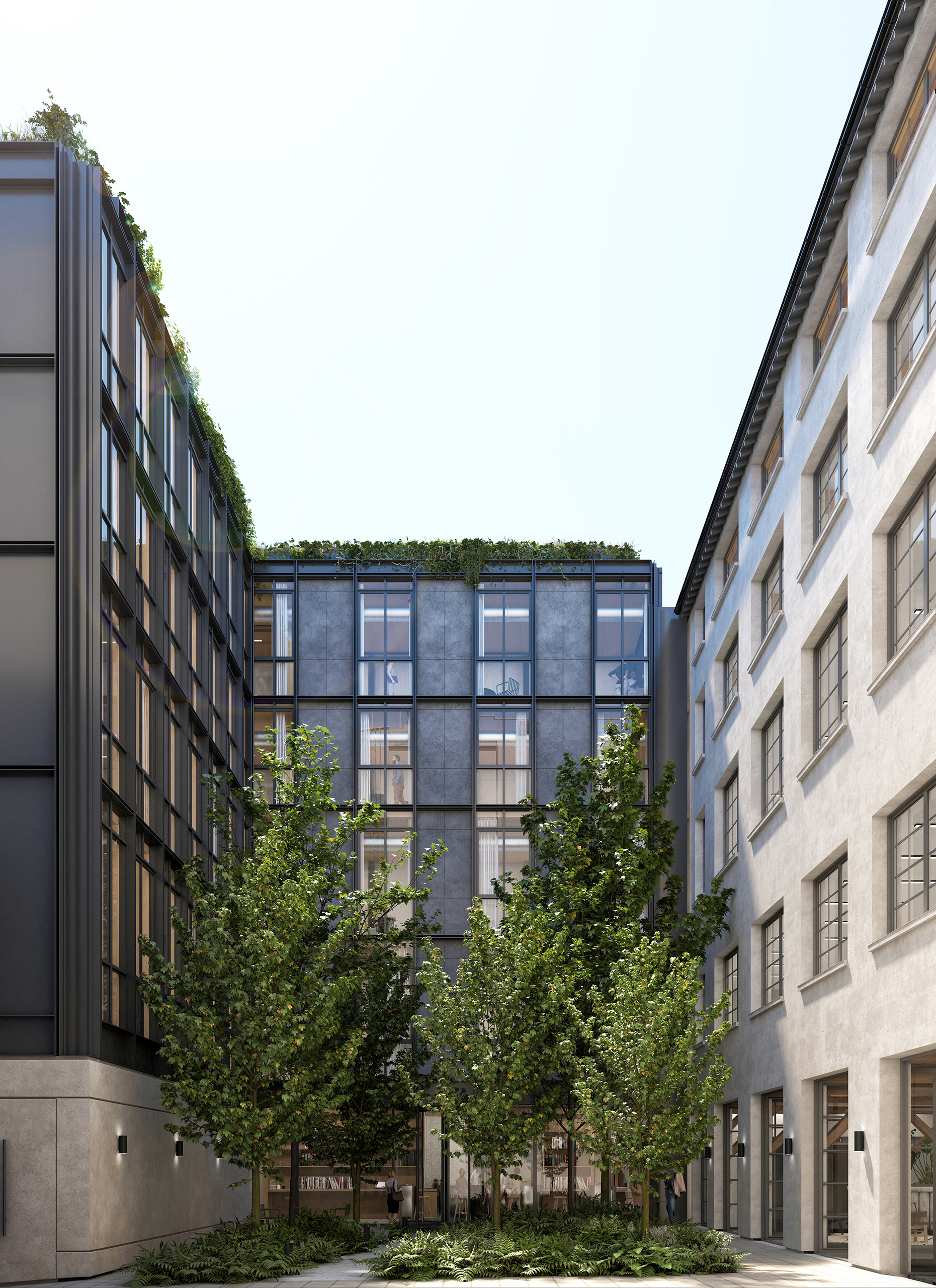 Cour intérieure du projet Rue Servan – façade vitrée en pierre bleue sur cour arborée, bâtiments existants réhabilités et toiture végétalisée