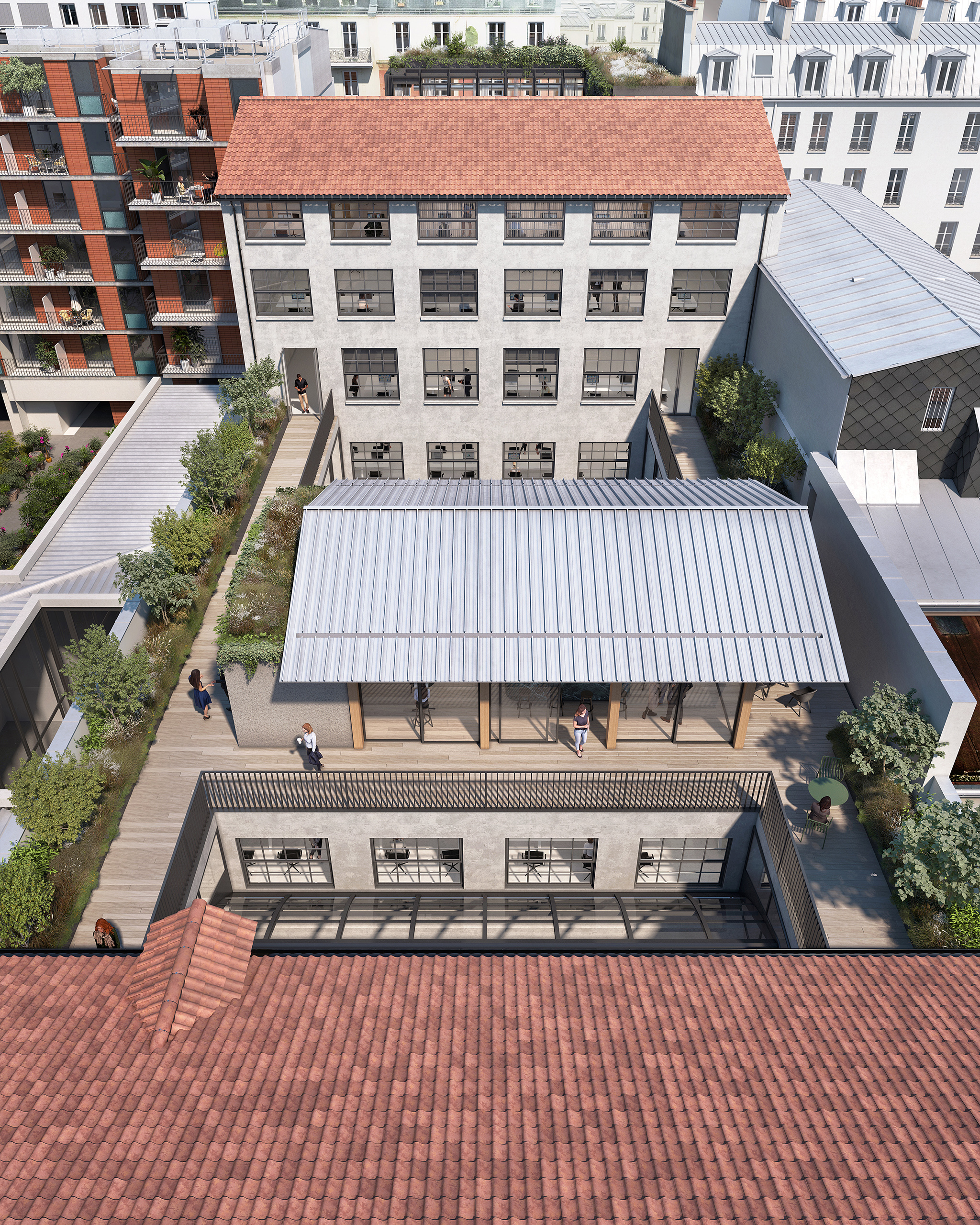 Vue aérienne du projet Rue Servan – terrasses en bois avec pavillon à toiture zinc, bâtiment en enduit gris à toiture en tuiles canal et jardins en toiture