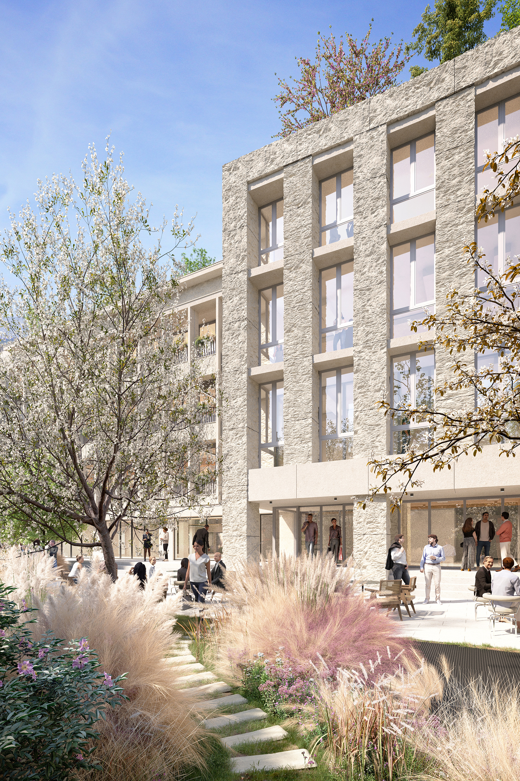 Cour intérieure du projet Saint-Cloud Campus – brique ancienne et arches en plein cintre, surélévation vitrée, terrasse paysagère avec graminées